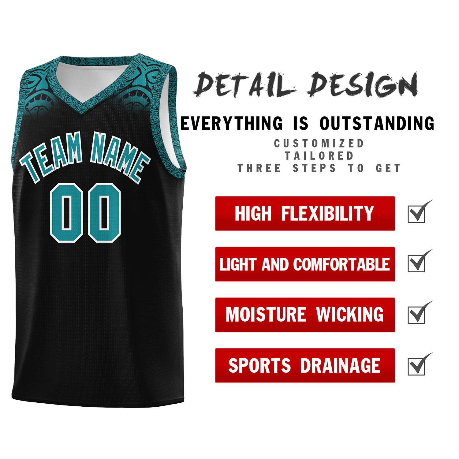 Custom Black Aqua Personalized Indians Print Sets Sports Uniform Basketball Jersey