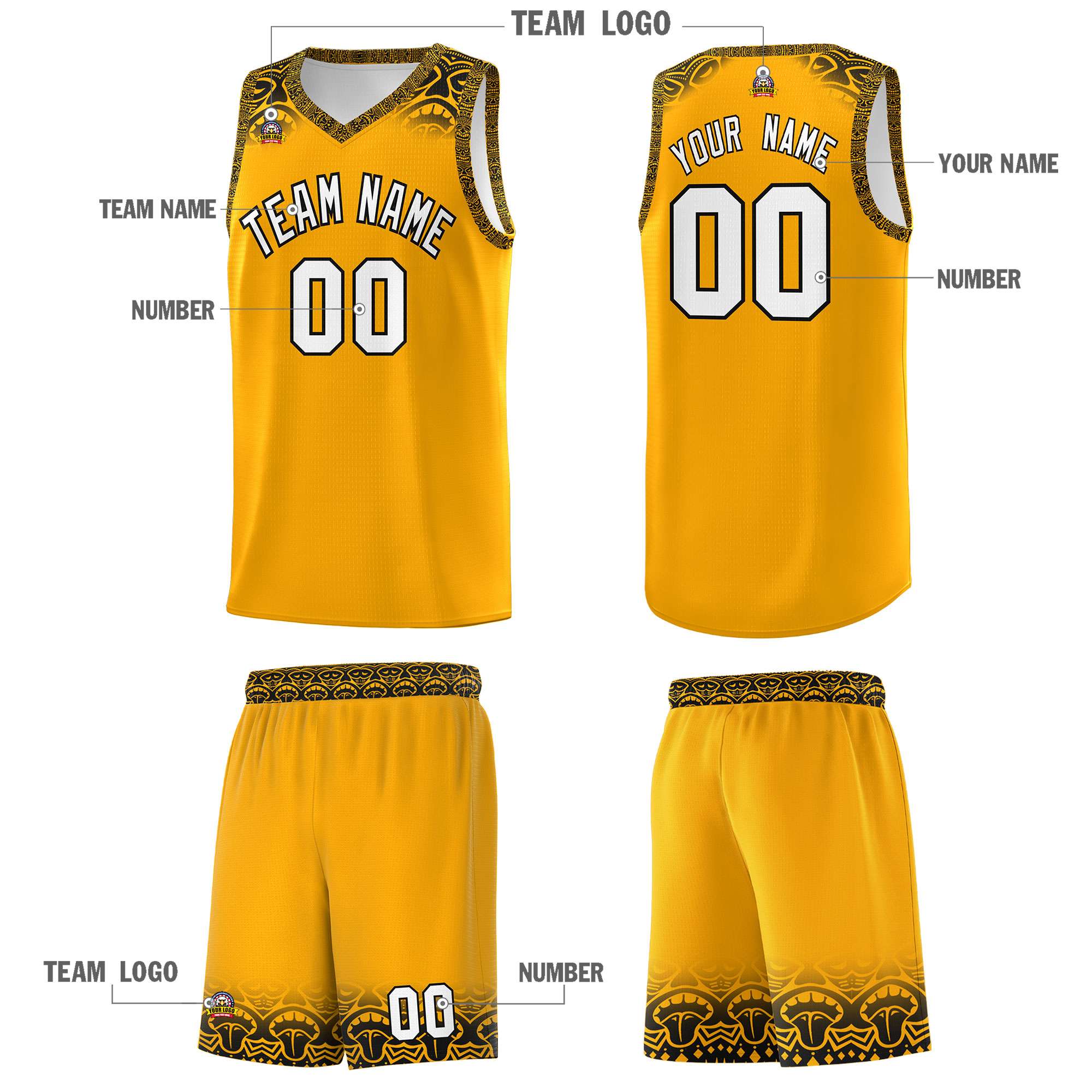 Custom Yellow Black Personalized Indians Print Sets Sports Uniform Basketball Jersey