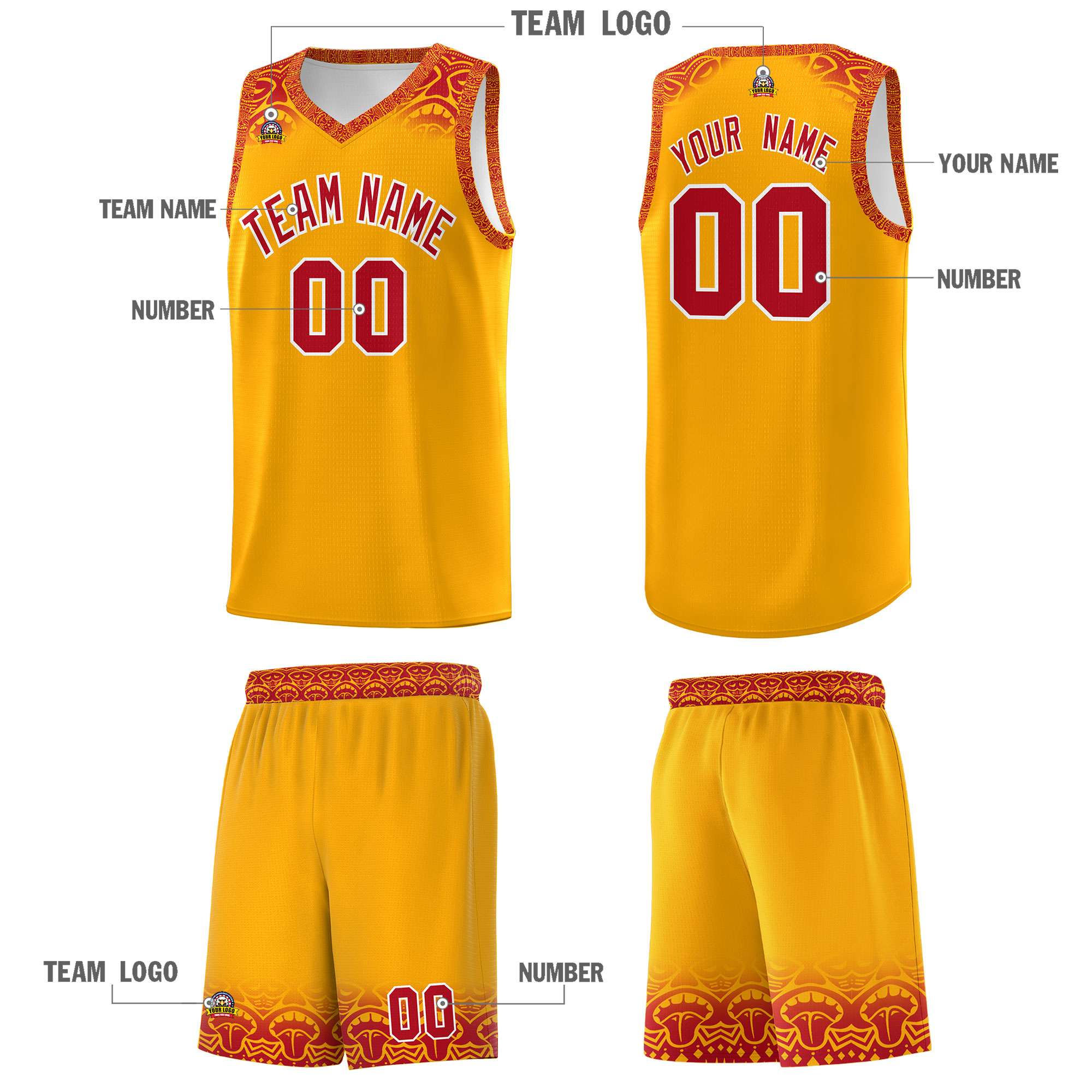 Custom Yellow Red Personalized Indians Print Sets Sports Uniform Basketball Jersey