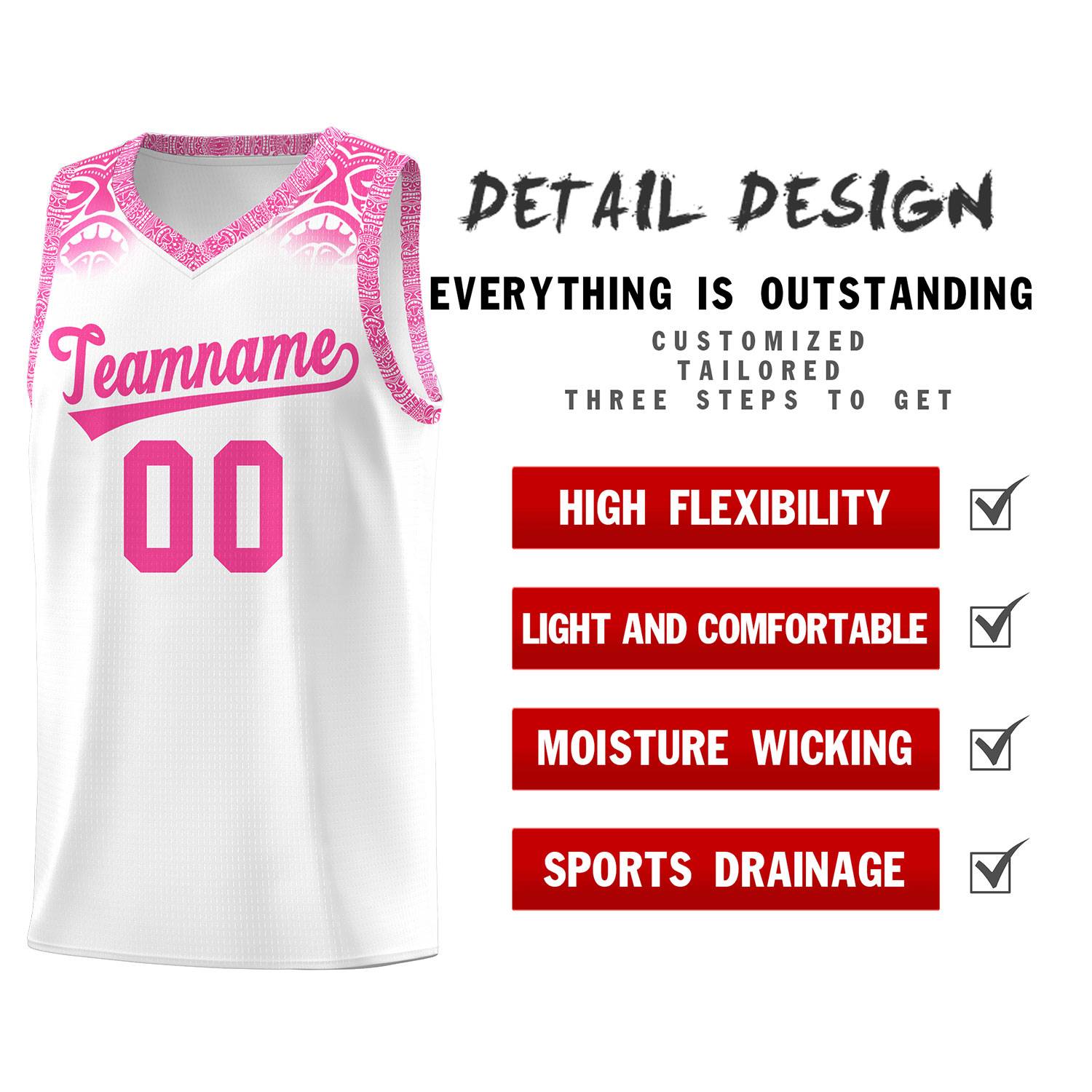 Custom White Pink Personalized Indians Print Sets Sports Uniform Basketball Jersey