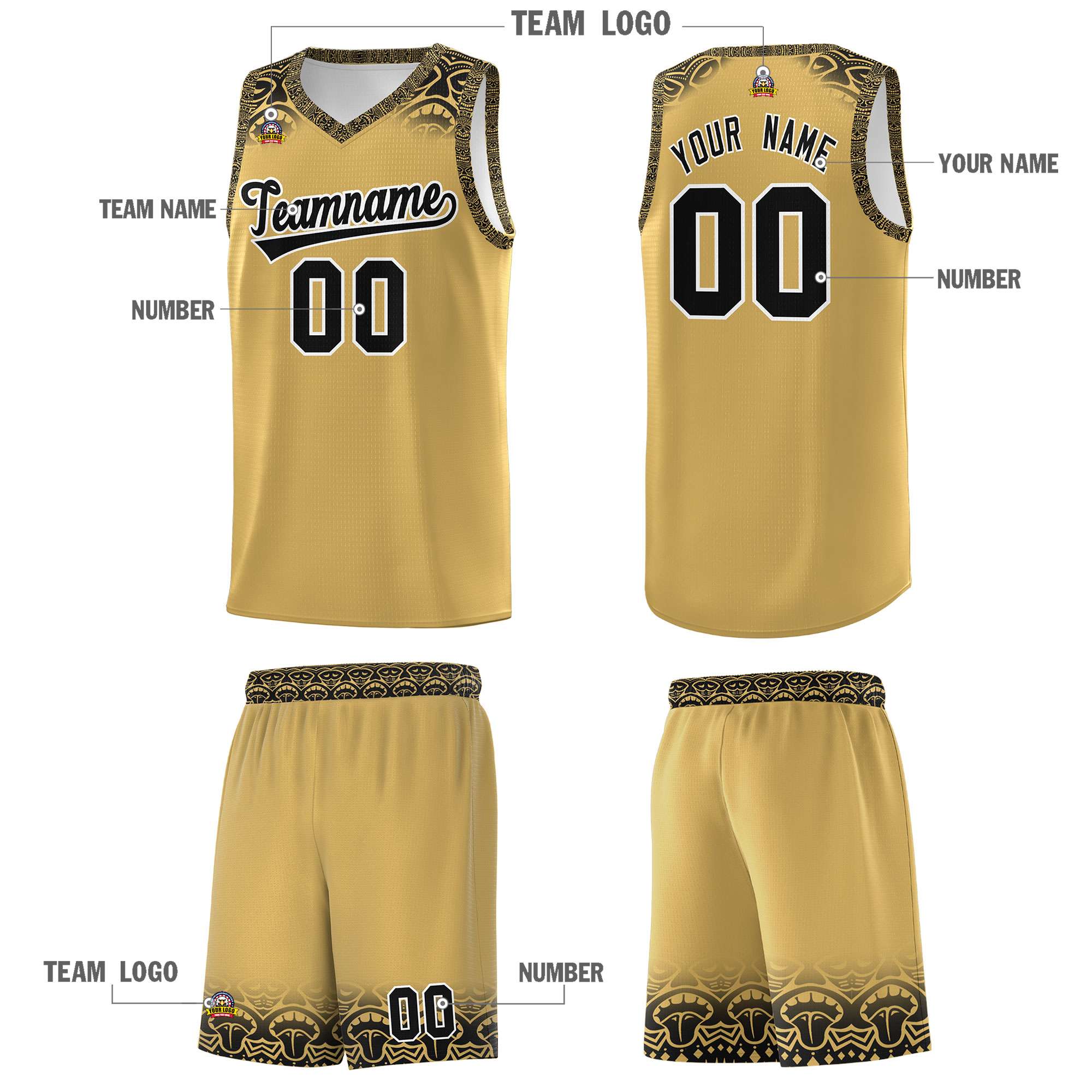 Custom Old Gold Black Personalized Indians Print Sets Sports Uniform Basketball Jersey