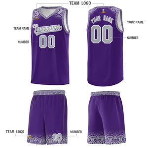 Custom Purple Gray Personalized Indians Print Sets Sports Uniform Basketball Jersey