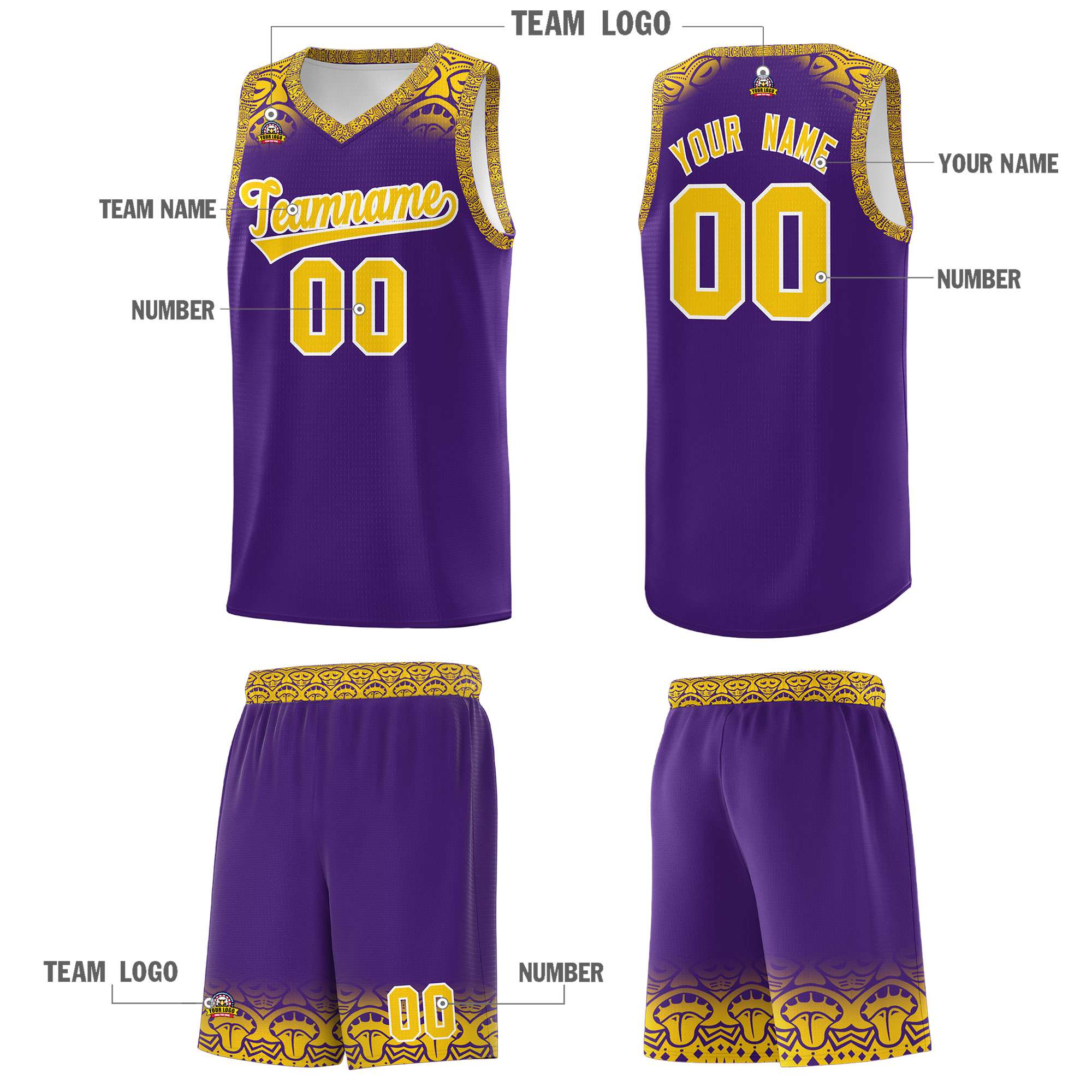 Custom Purple Gold Personalized Indians Print Sets Sports Uniform Basketball Jersey