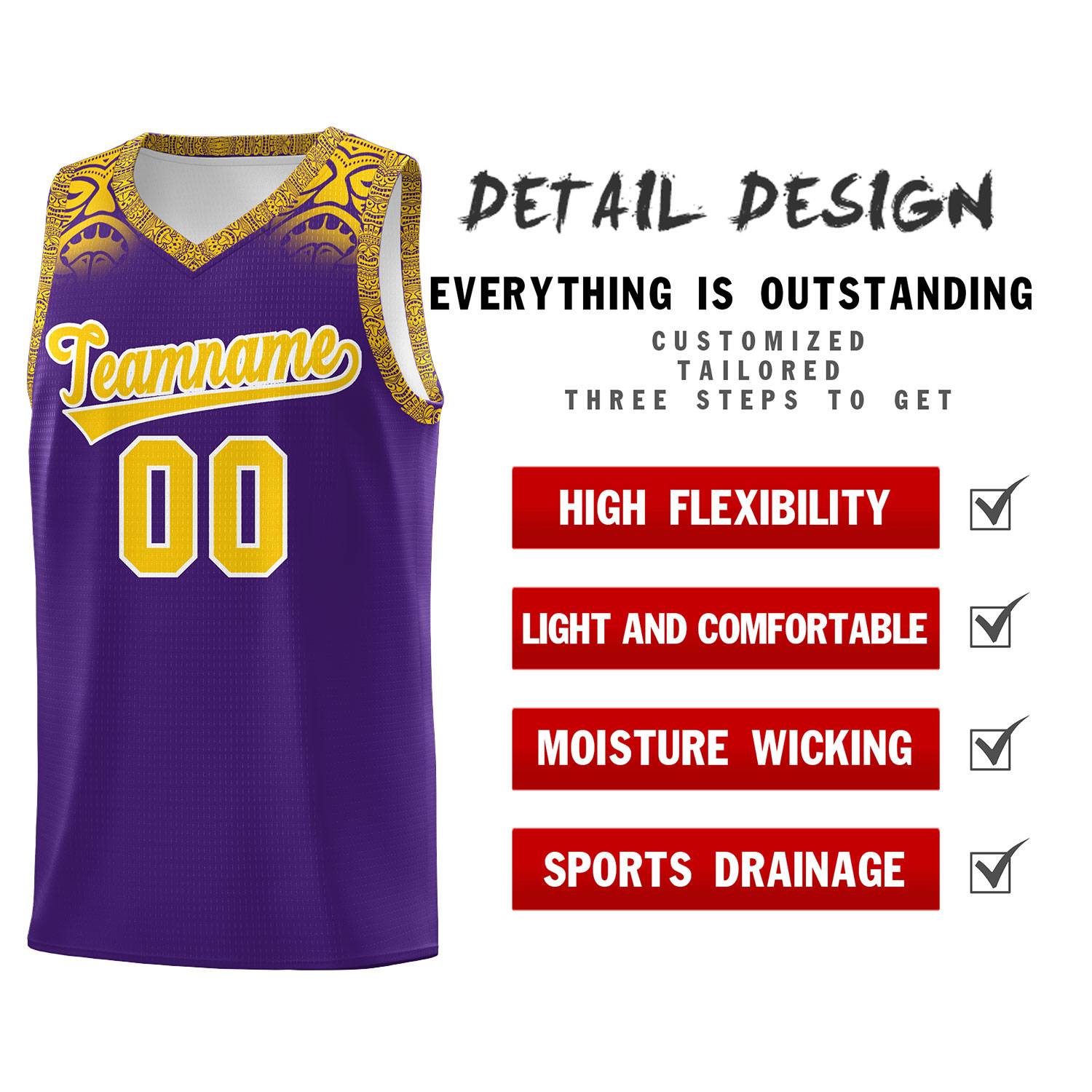 Custom Purple Gold Personalized Indians Print Sets Sports Uniform Basketball Jersey