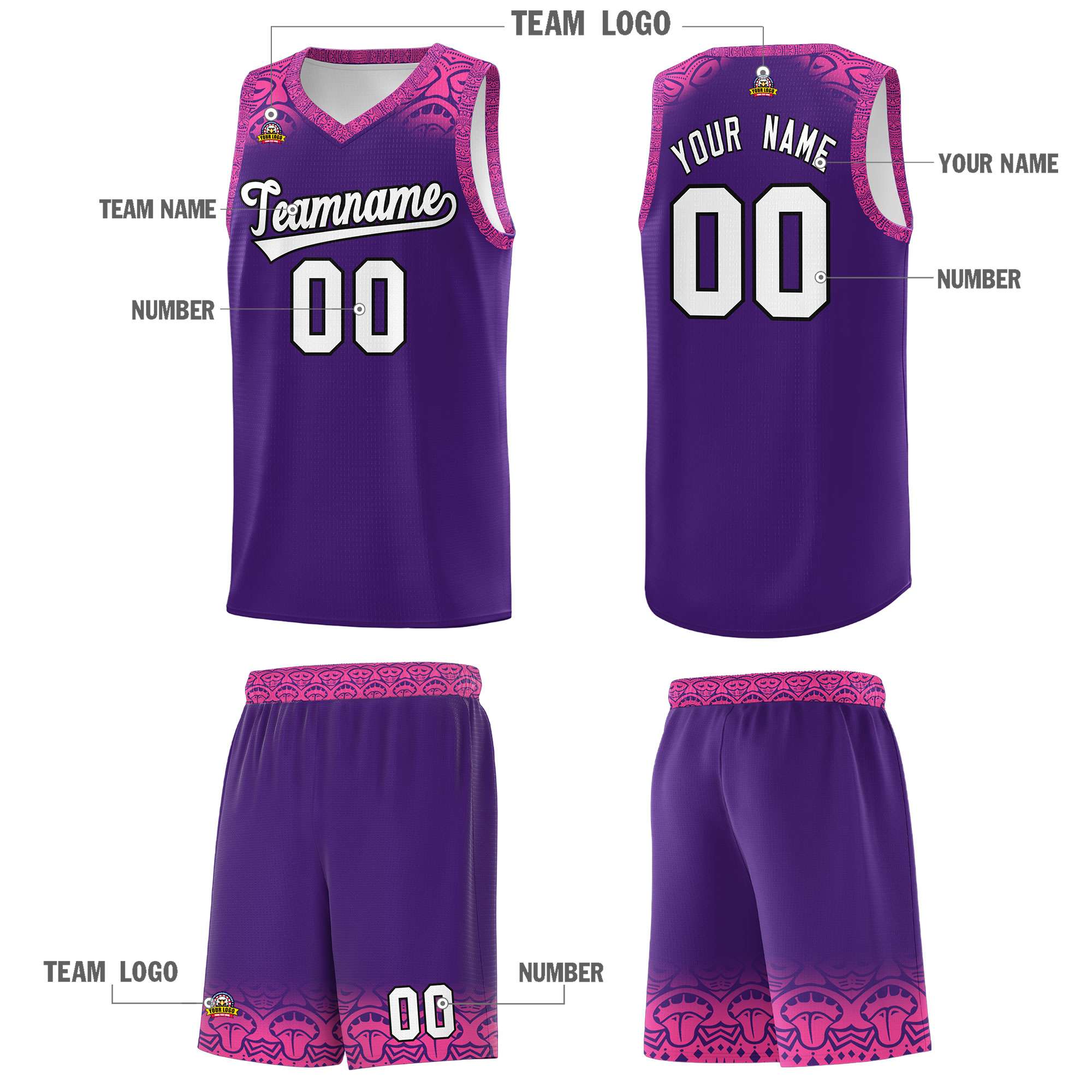 Custom Purple Pink Personalized Indians Print Sets Sports Uniform Basketball Jersey