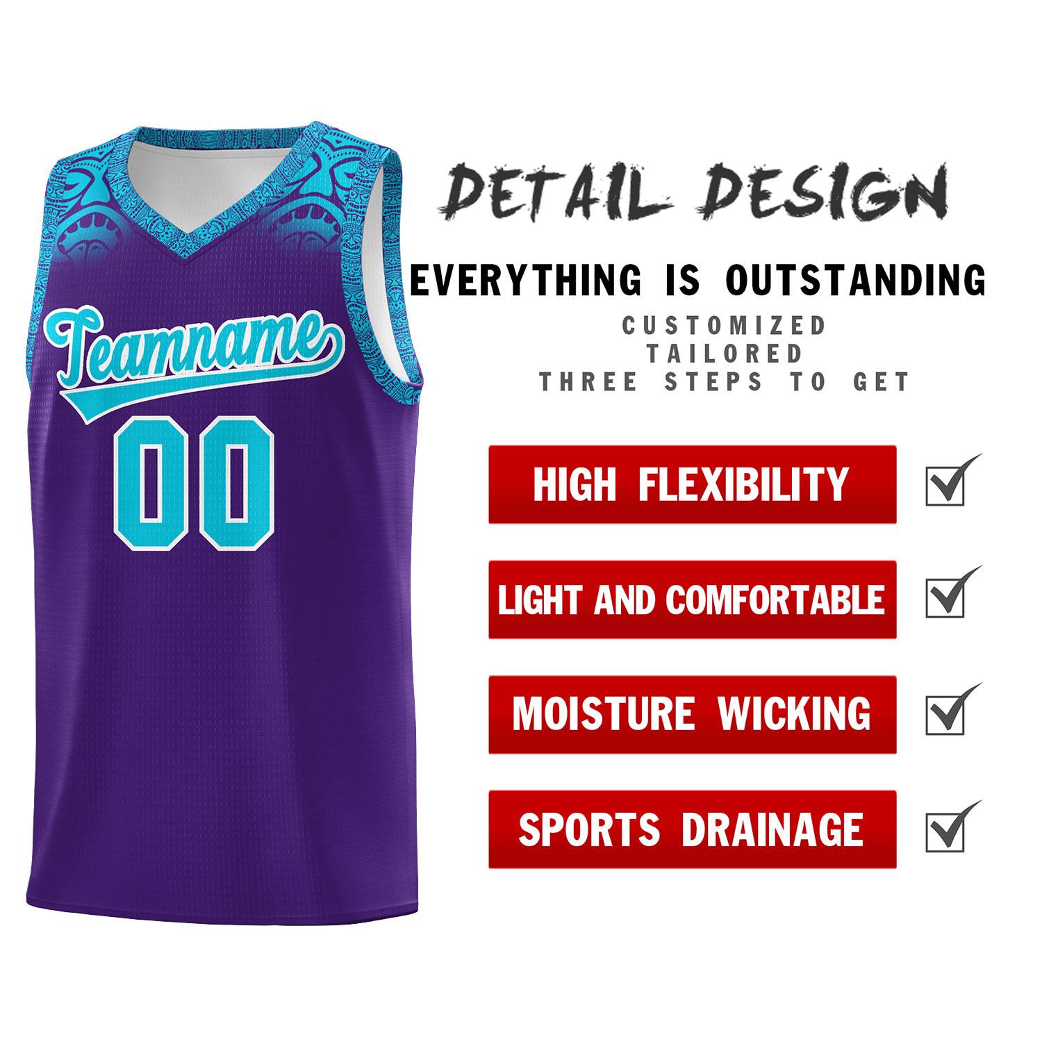 Custom Purple Sky Blue Personalized Indians Print Sets Sports Uniform Basketball Jersey