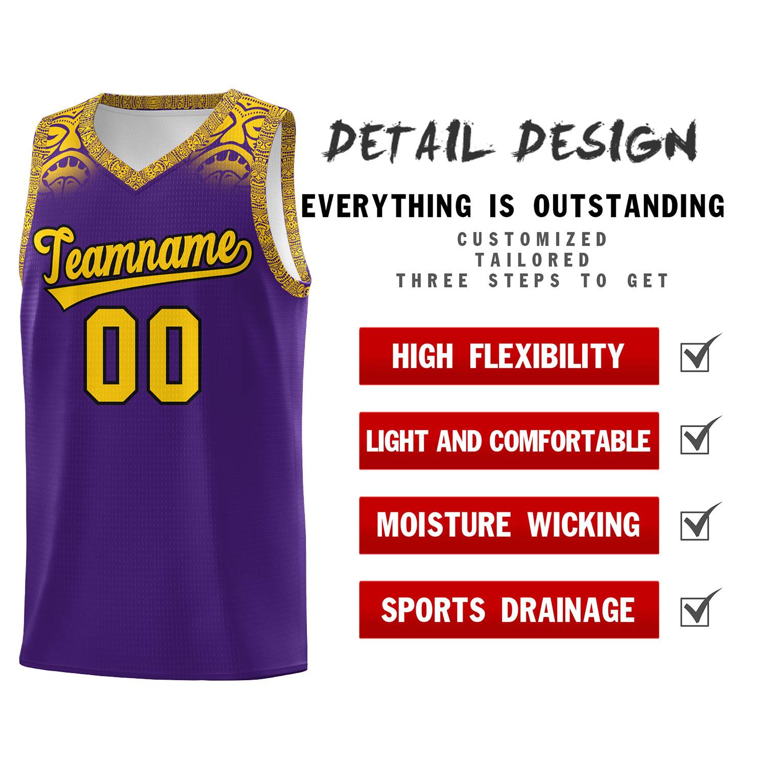 Custom Purple Gold Personalized Indians Print Sets Sports Uniform Basketball Jersey