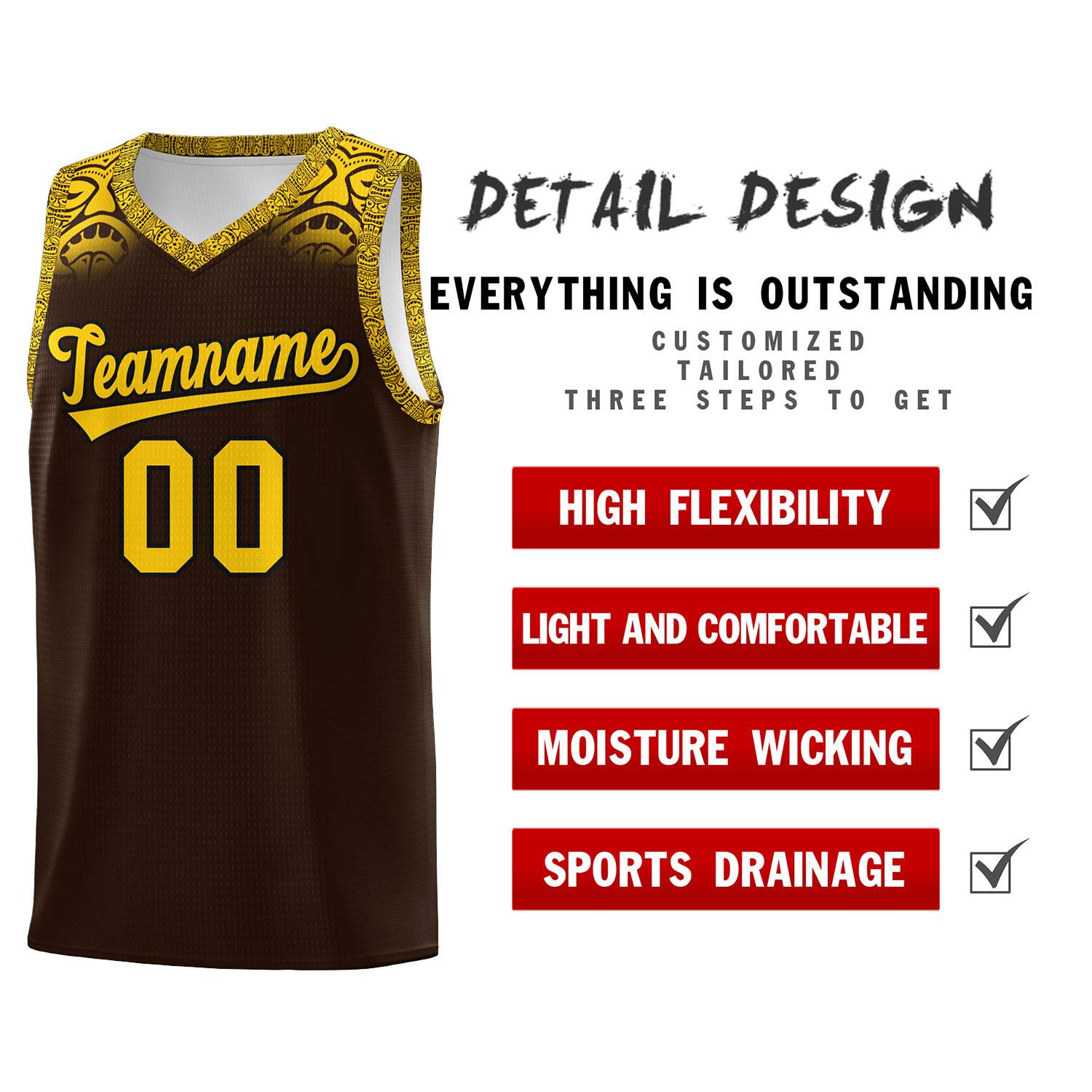 Custom Brown Gold Personalized Indians Print Sets Sports Uniform Basketball Jersey