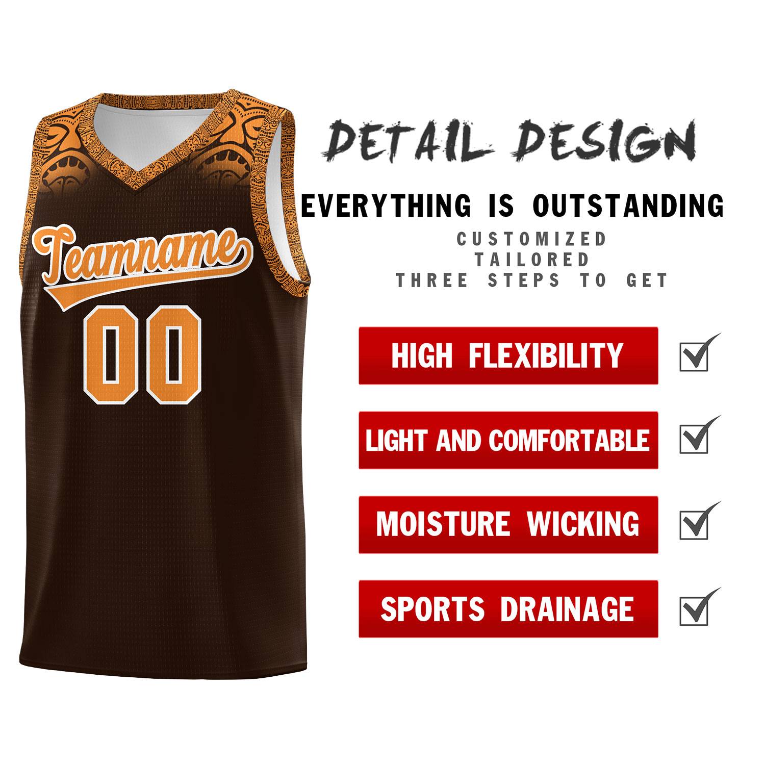 Custom Brown Orange Personalized Indians Print Sets Sports Uniform Basketball Jersey