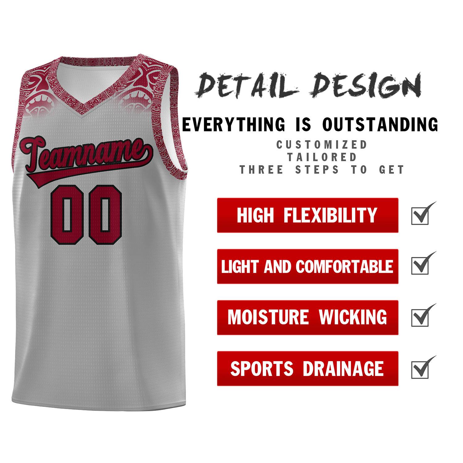 Custom Gray Crimson Personalized Indians Print Sets Sports Uniform Basketball Jersey