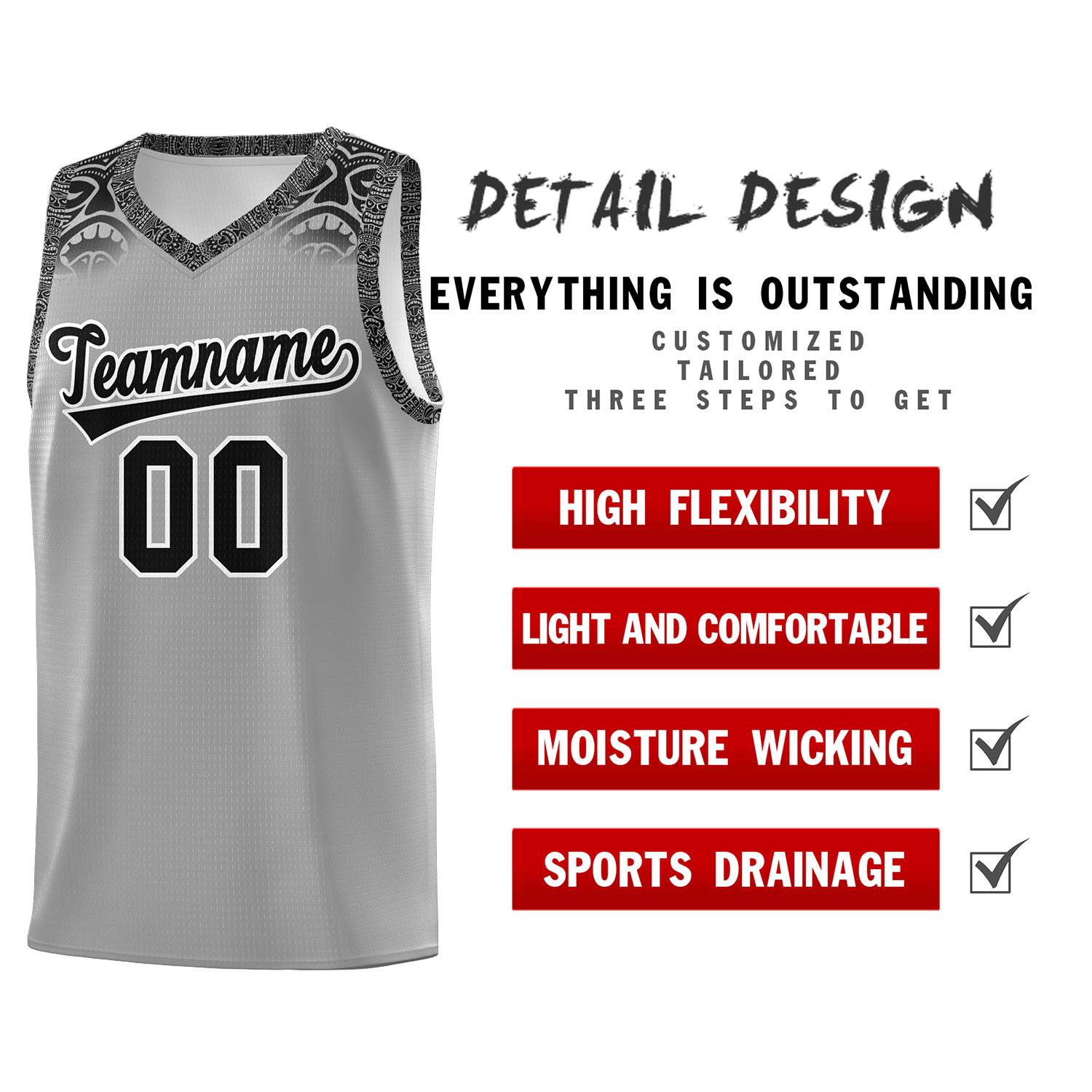 Custom Gray Black Personalized Indians Print Sets Sports Uniform Basketball Jersey