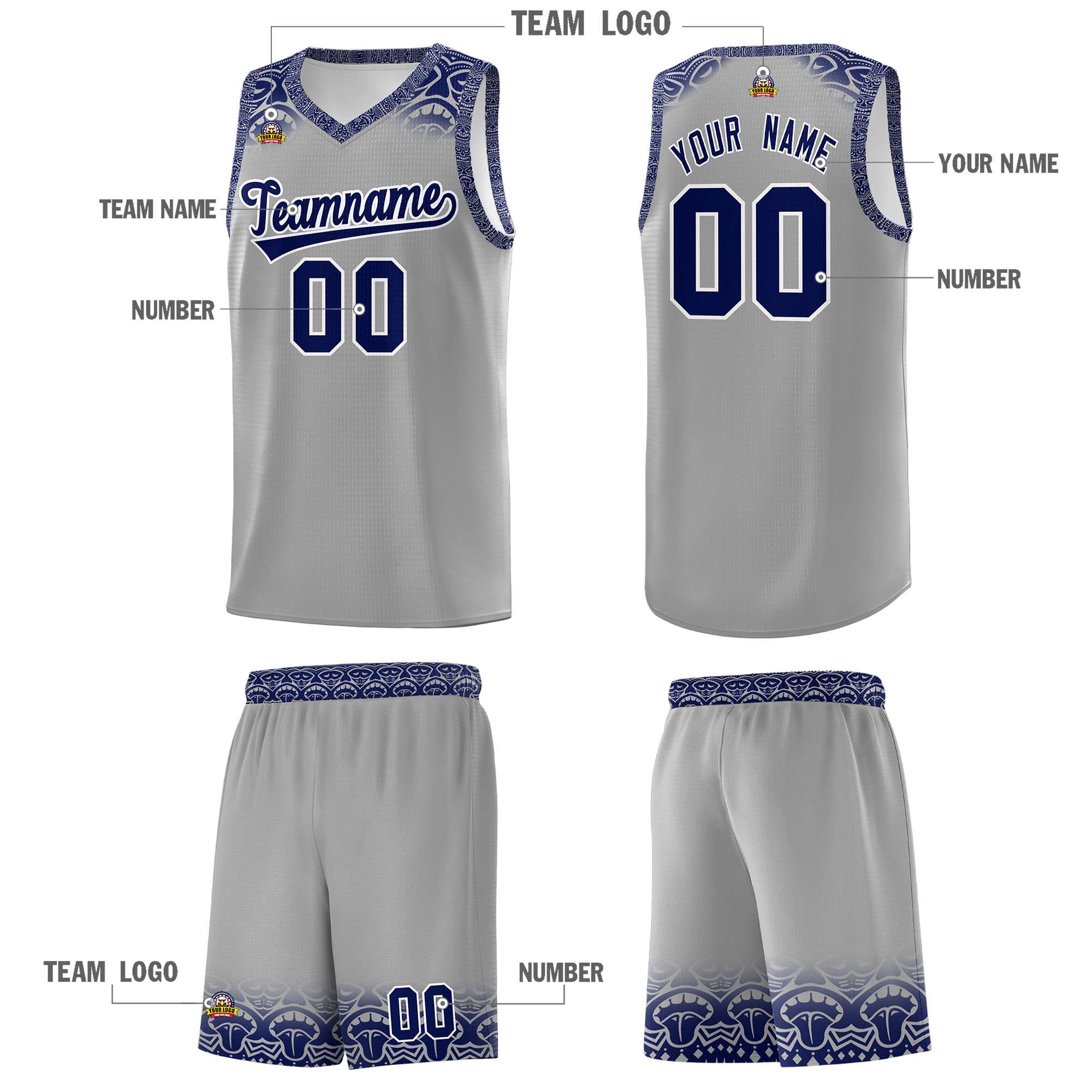 Custom Gray Royal Personalized Indians Print Sets Sports Uniform Basketball Jersey