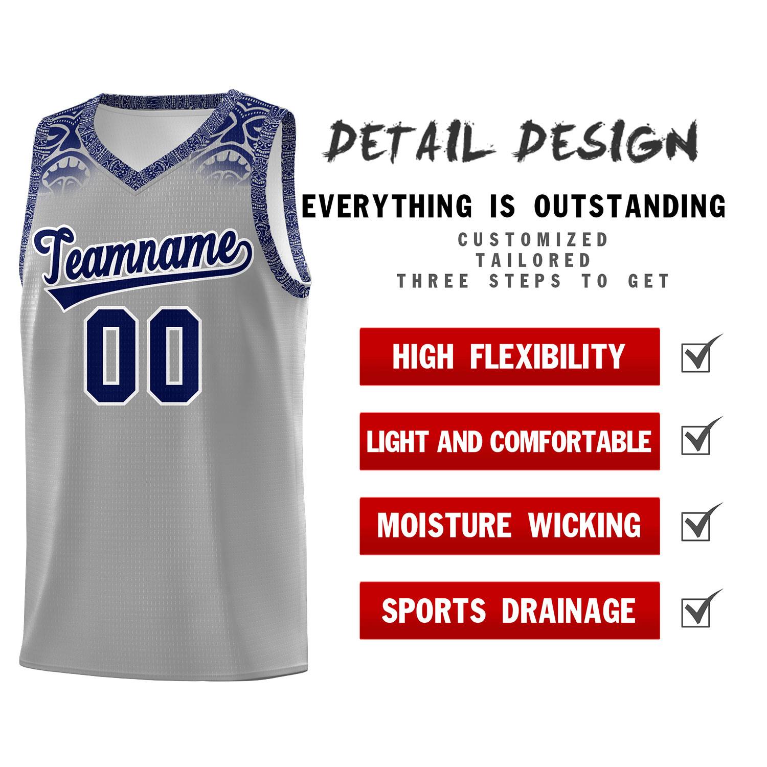 Custom Gray Royal Personalized Indians Print Sets Sports Uniform Basketball Jersey