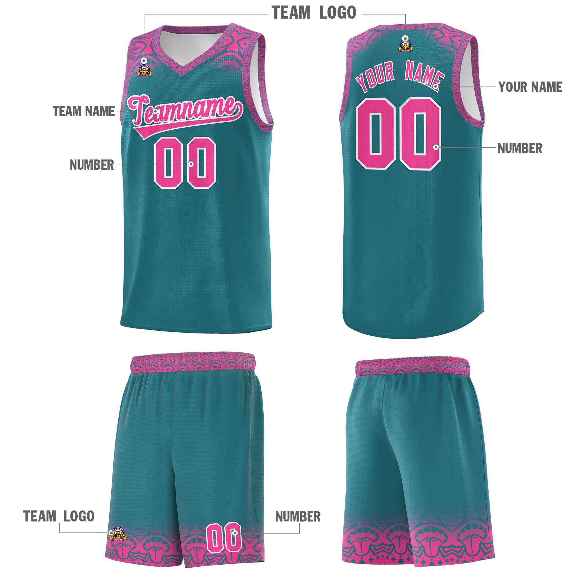 Custom Aqua Pink Personalized Indians Print Sets Sports Uniform Basketball Jersey