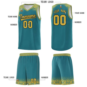 Custom Aqua Yellow Personalized Indians Print Sets Sports Uniform Basketball Jersey