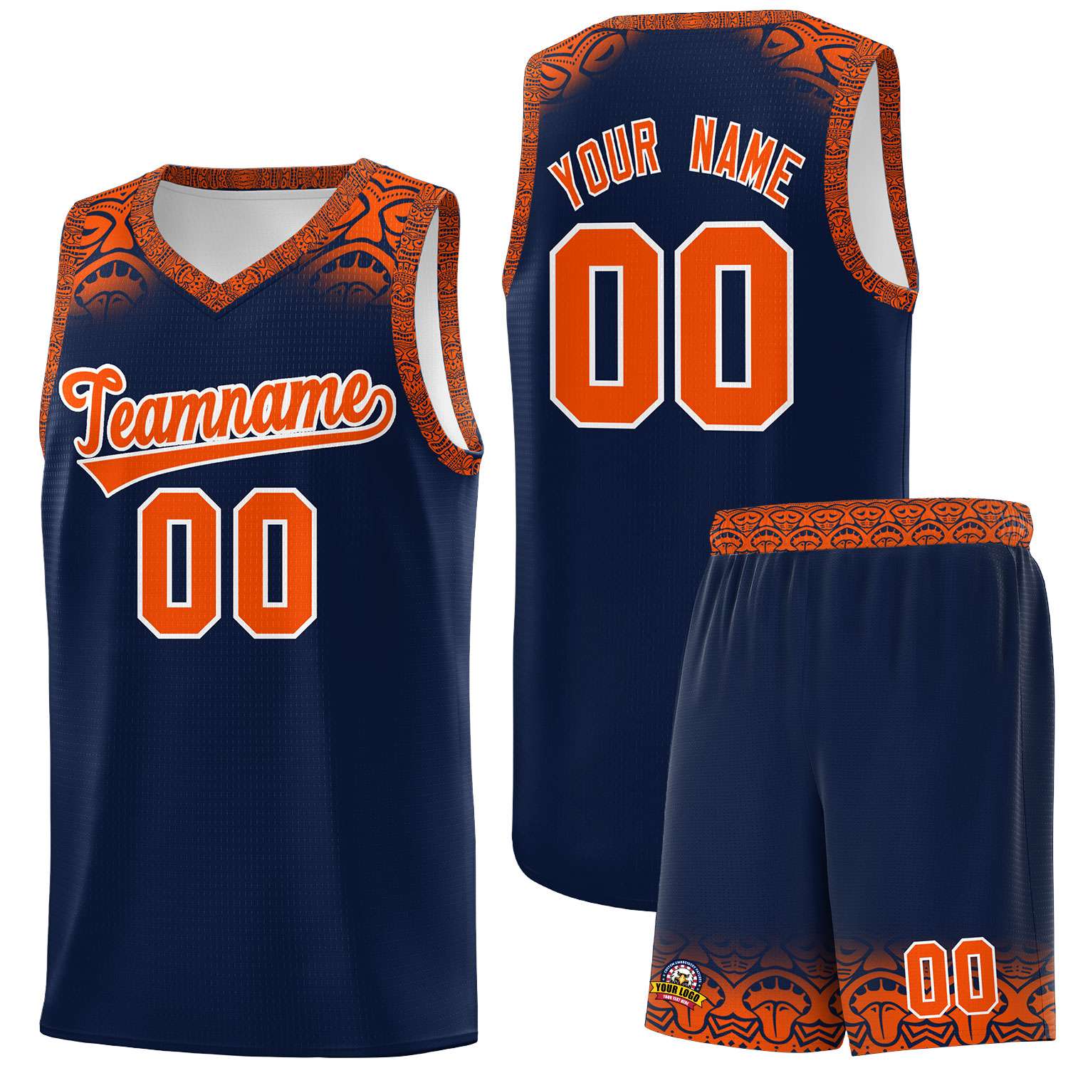 Custom Navy Orange Personalized Indians Print Sets Sports Uniform Basketball Jersey