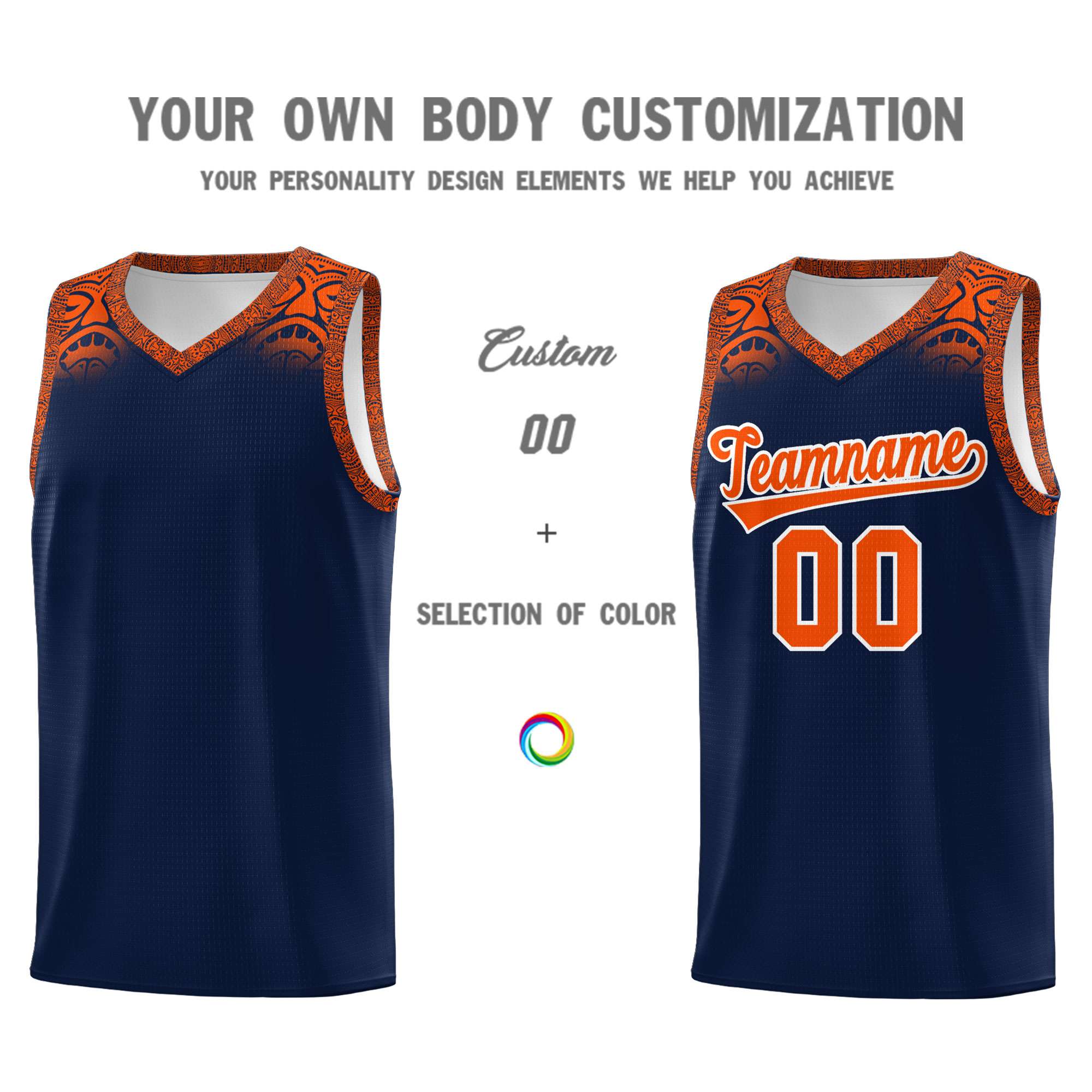 Custom Navy Orange Personalized Indians Print Sets Sports Uniform Basketball Jersey