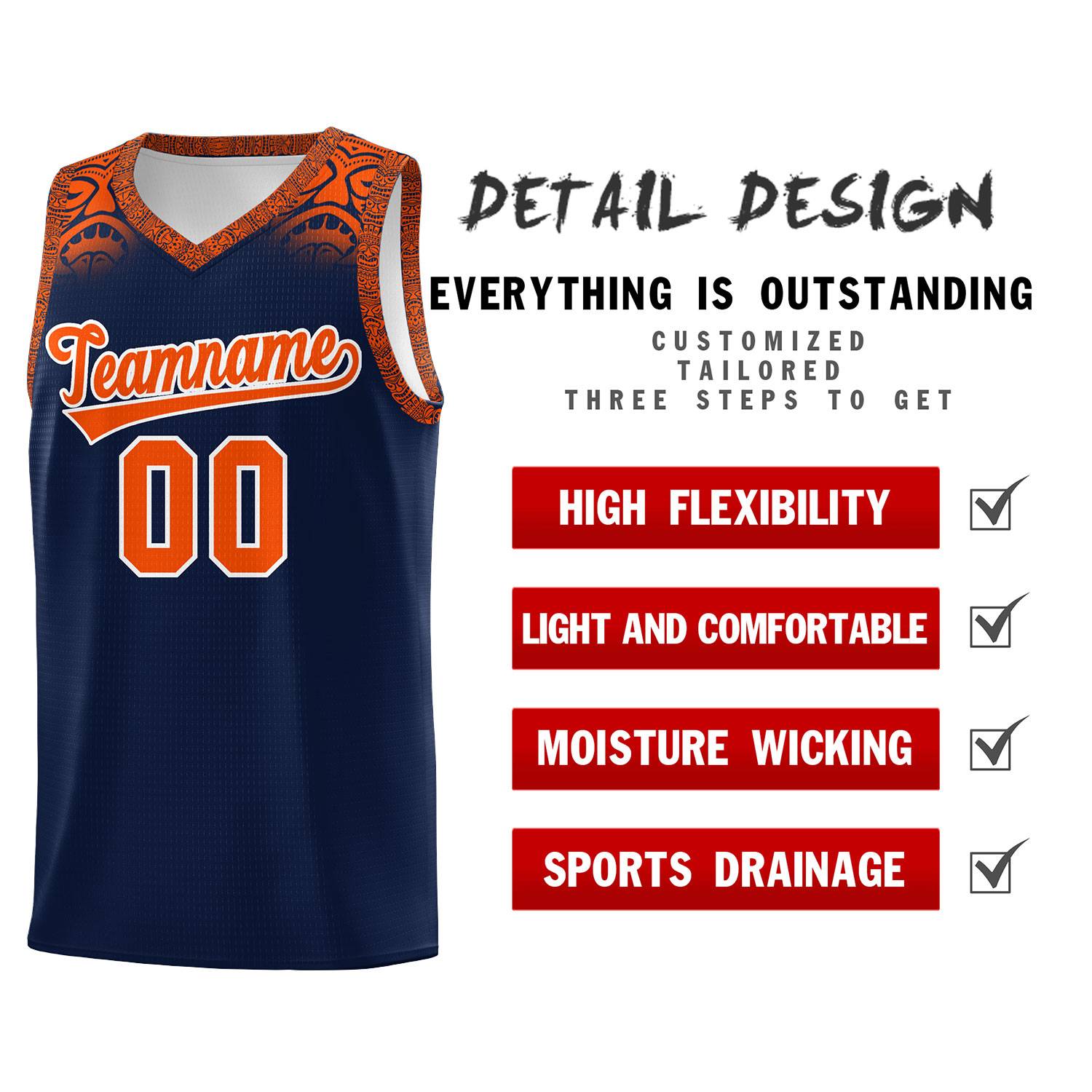 Custom Navy Orange Personalized Indians Print Sets Sports Uniform Basketball Jersey