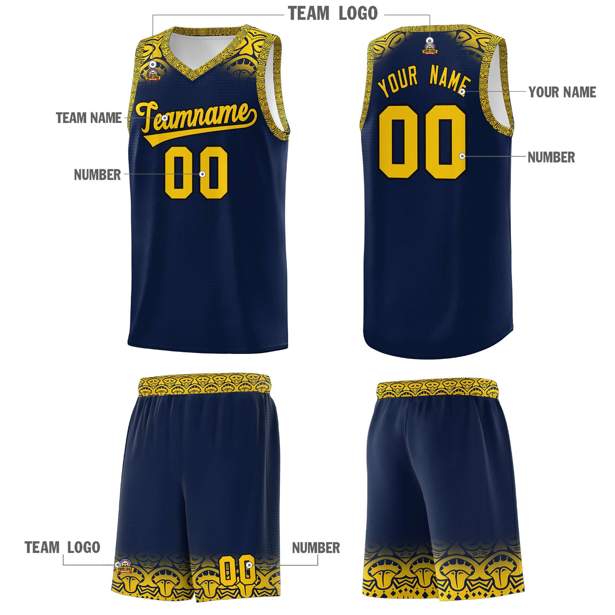 Custom Navy Gold Personalized Indians Print Sets Sports Uniform Basketball Jersey