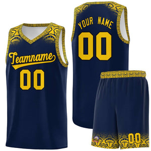 Custom Navy Gold Personalized Indians Print Sets Sports Uniform Basketball Jersey