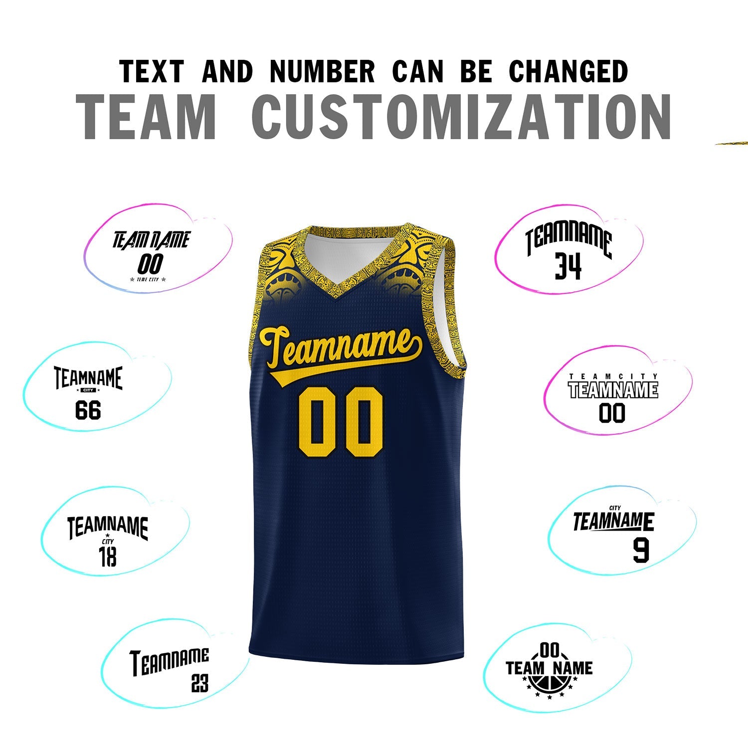 Custom Navy Gold Personalized Indians Print Sets Sports Uniform Basketball Jersey