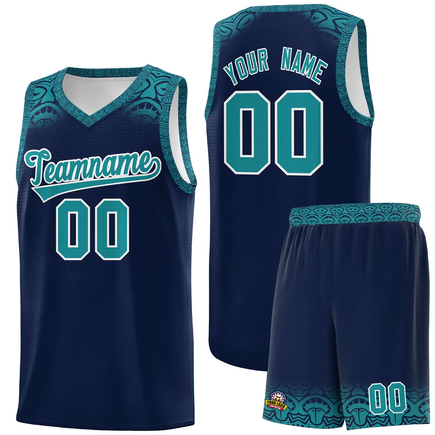 Custom Navy Aqua Personalized Indians Print Sets Sports Uniform Basketball Jersey