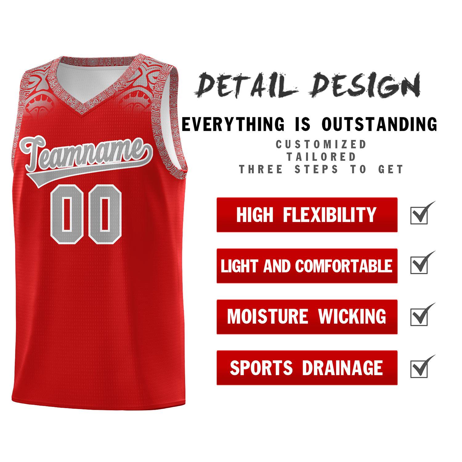 Custom Red Gray Personalized Indians Print Sets Sports Uniform Basketball Jersey