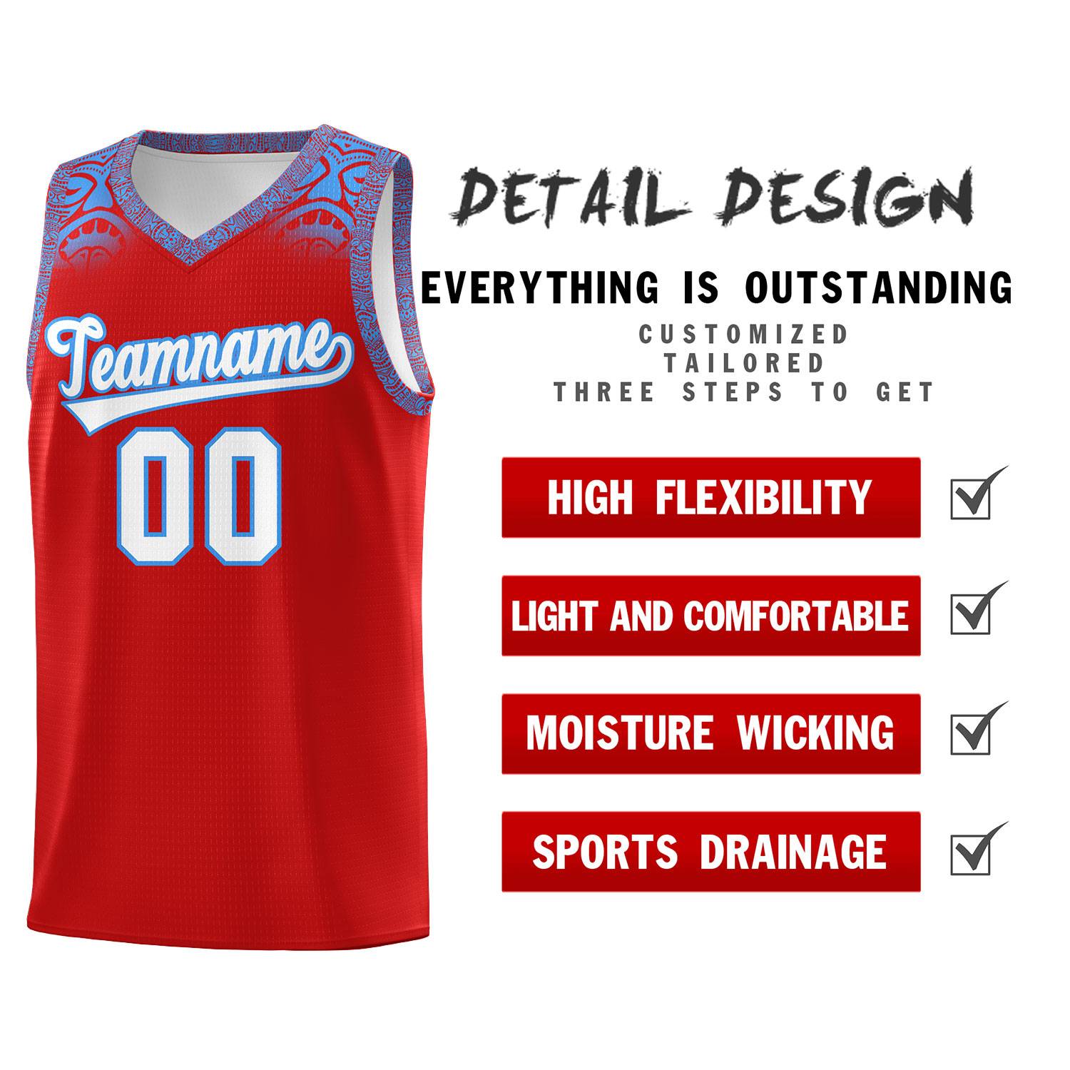 Custom Red Powder Blue Personalized Indians Print Sets Sports Uniform Basketball Jersey