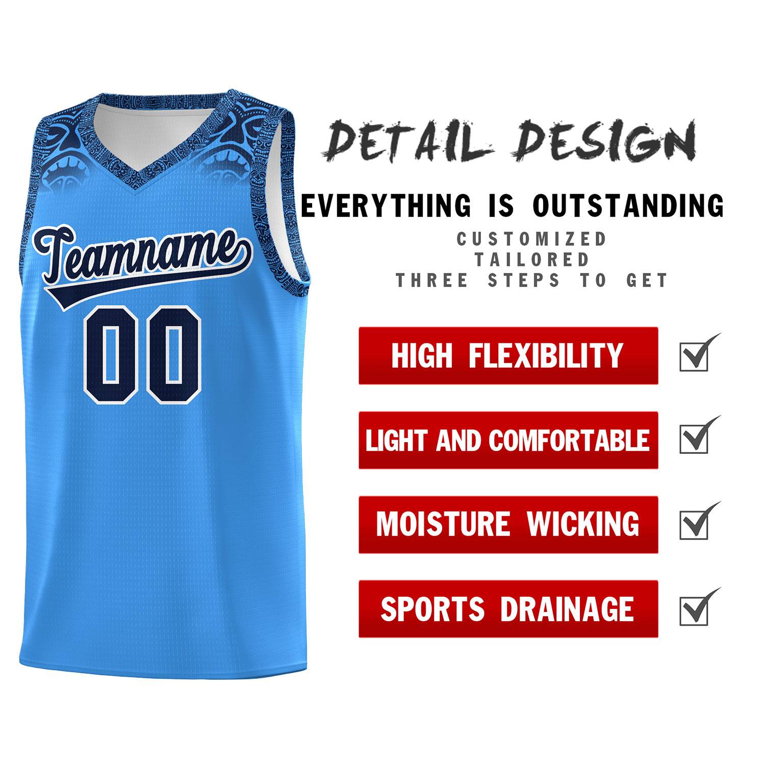 Custom Powder Blue Black Personalized Indians Print Sets Sports Uniform Basketball Jersey