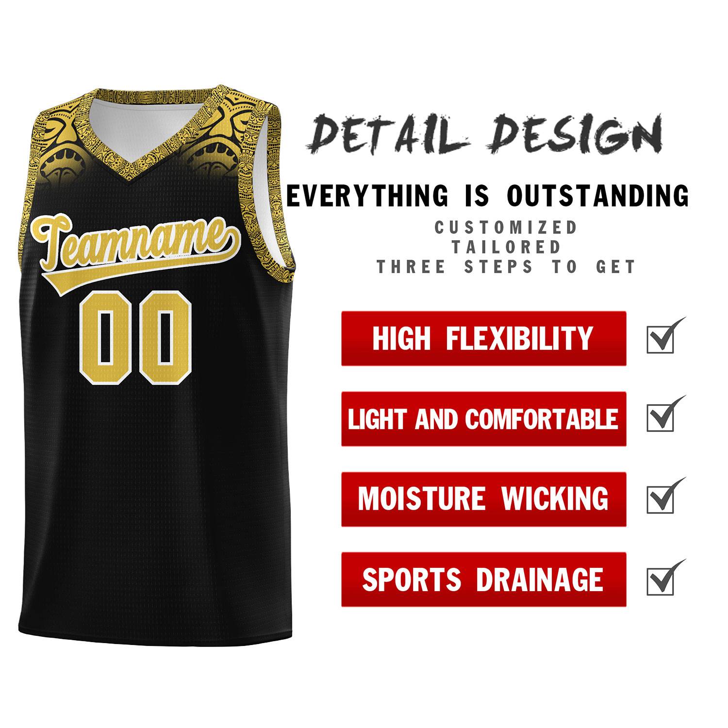 Custom Black Yellow Personalized Indians Print Sets Sports Uniform Basketball Jersey