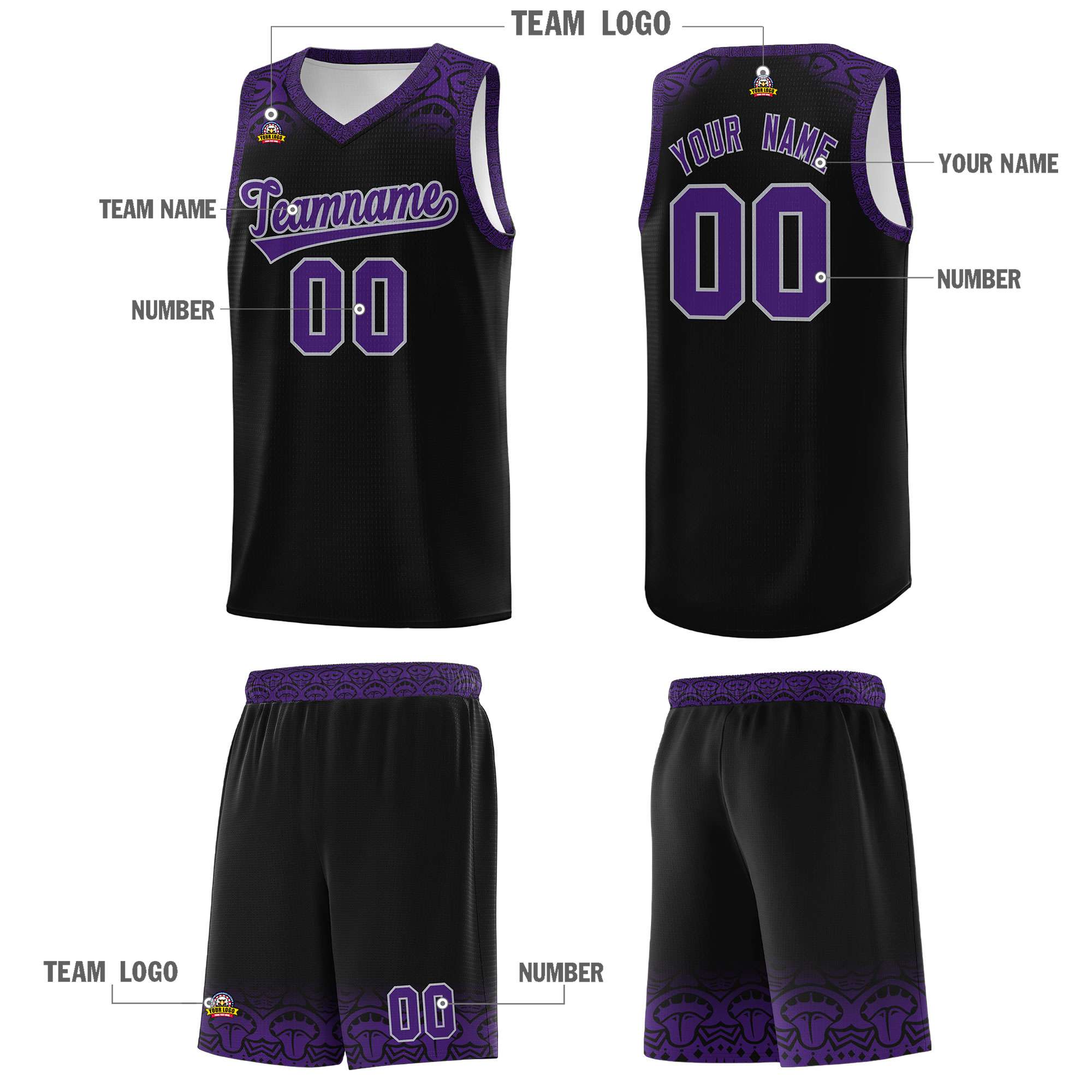 Custom Black Purple Personalized Indians Print Sets Sports Uniform Basketball Jersey