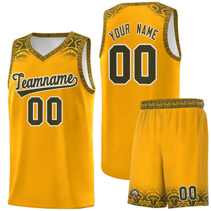 Custom Yellow Olive Personalized Indians Print Sets Sports Uniform Basketball Jersey