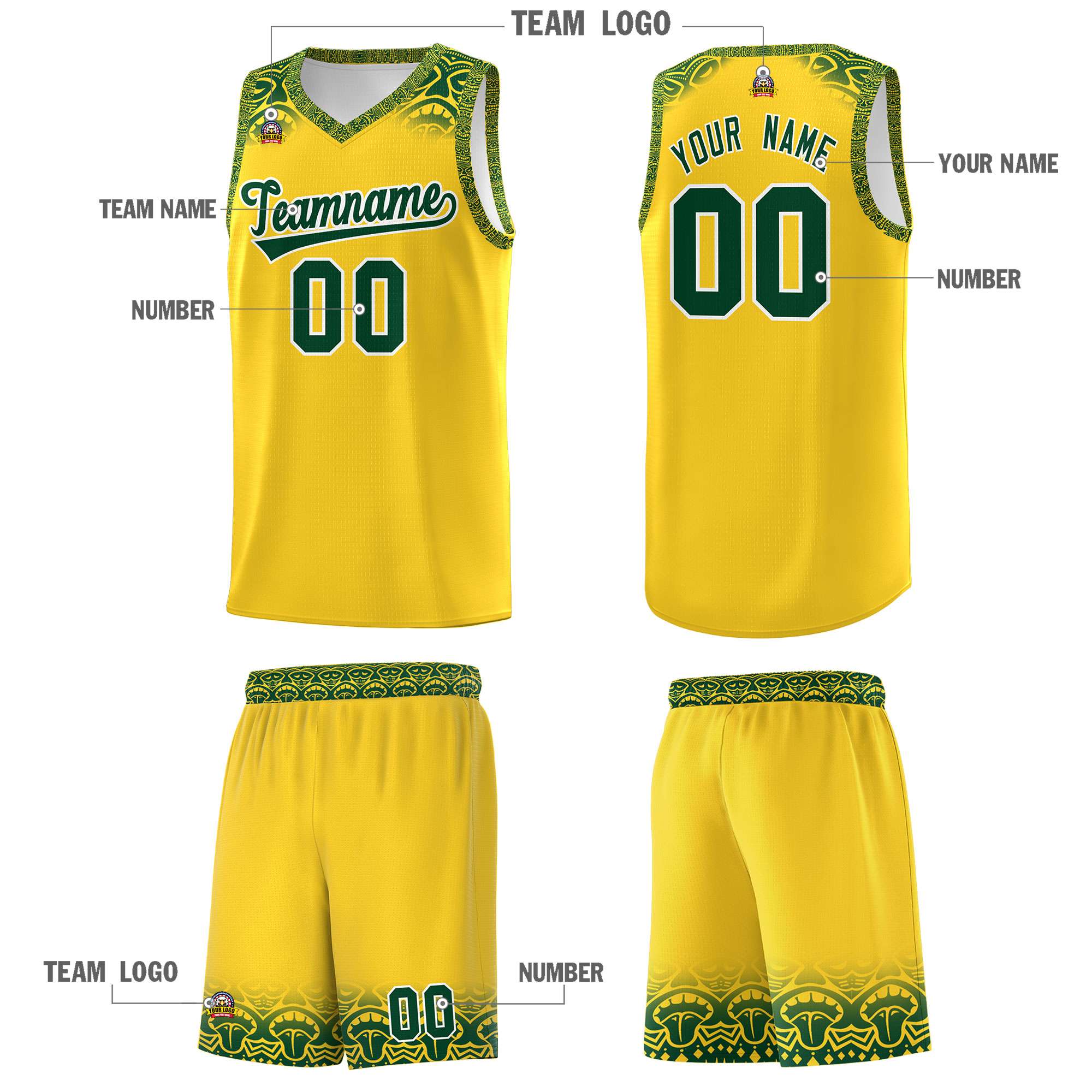 Custom Gold Green Personalized Indians Print Sets Sports Uniform Basketball Jersey