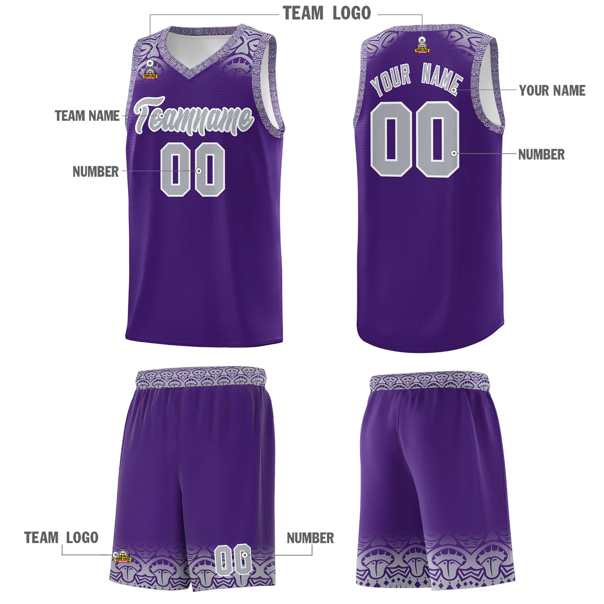 Custom Purple Gray Personalized Indians Print Sets Sports Uniform Basketball Jersey