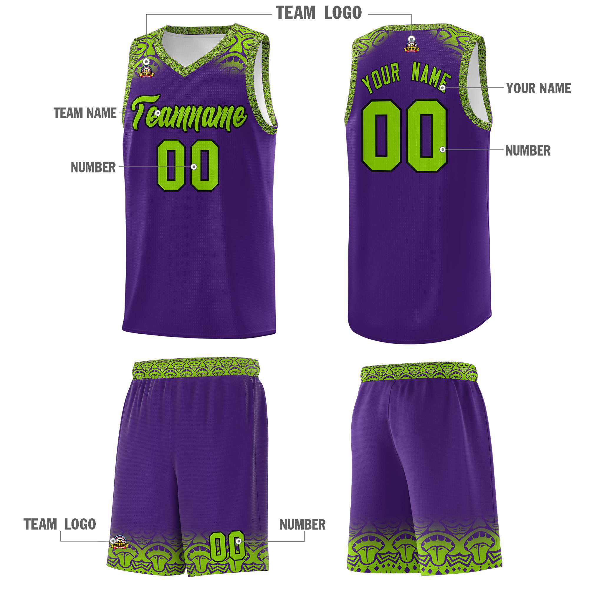 Custom Purple Green Personalized Indians Print Sets Sports Uniform Basketball Jersey