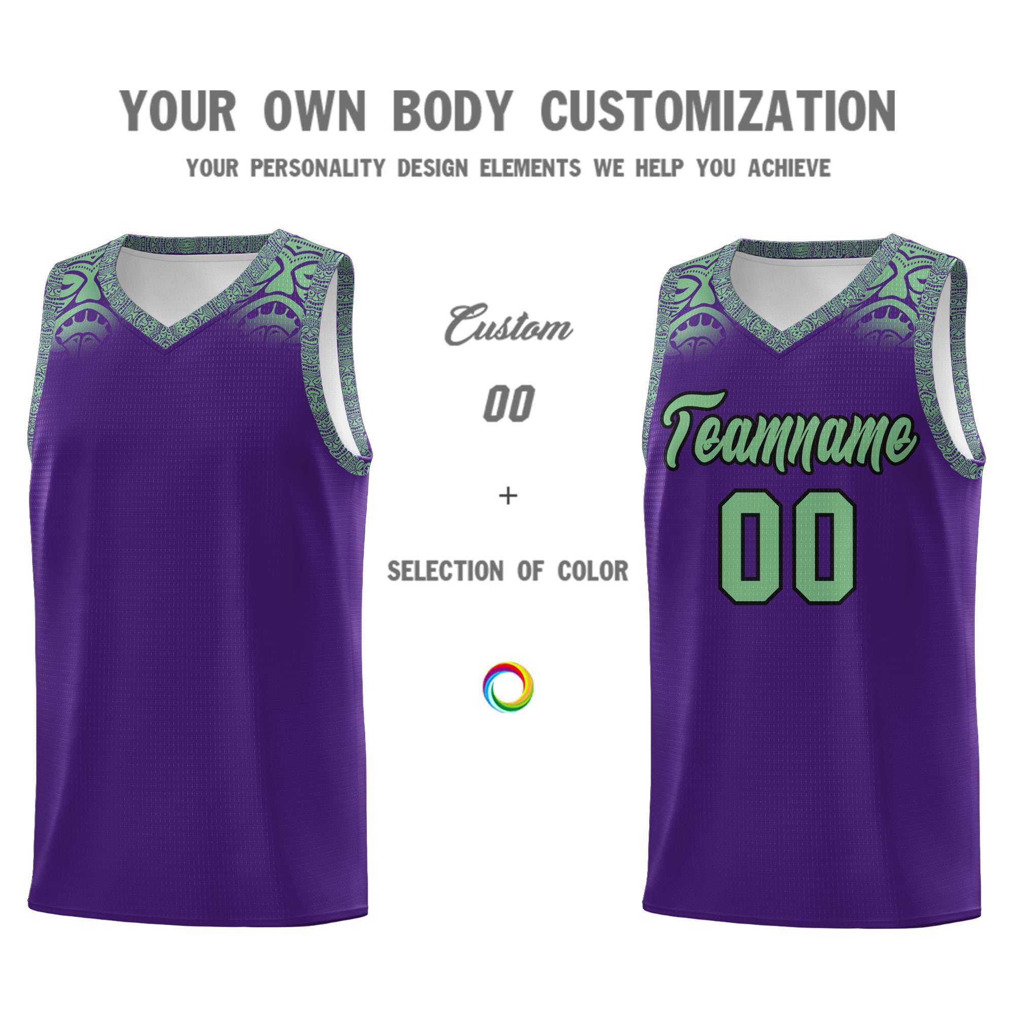 Custom Purple Green Personalized Indians Print Sets Sports Uniform Basketball Jersey