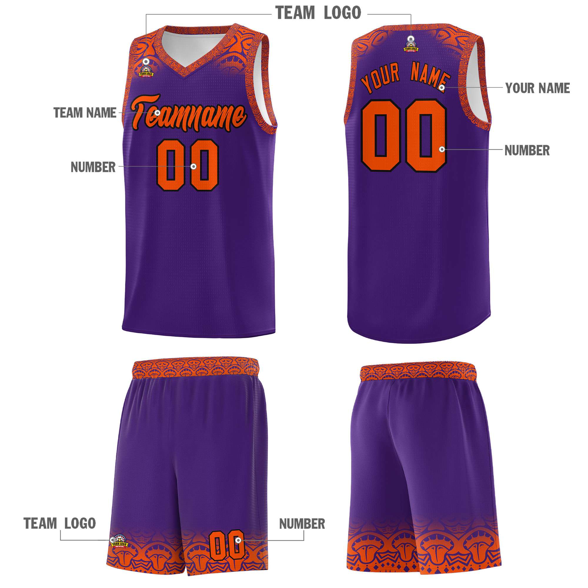 Custom Purple Orange Personalized Indians Print Sets Sports Uniform Basketball Jersey