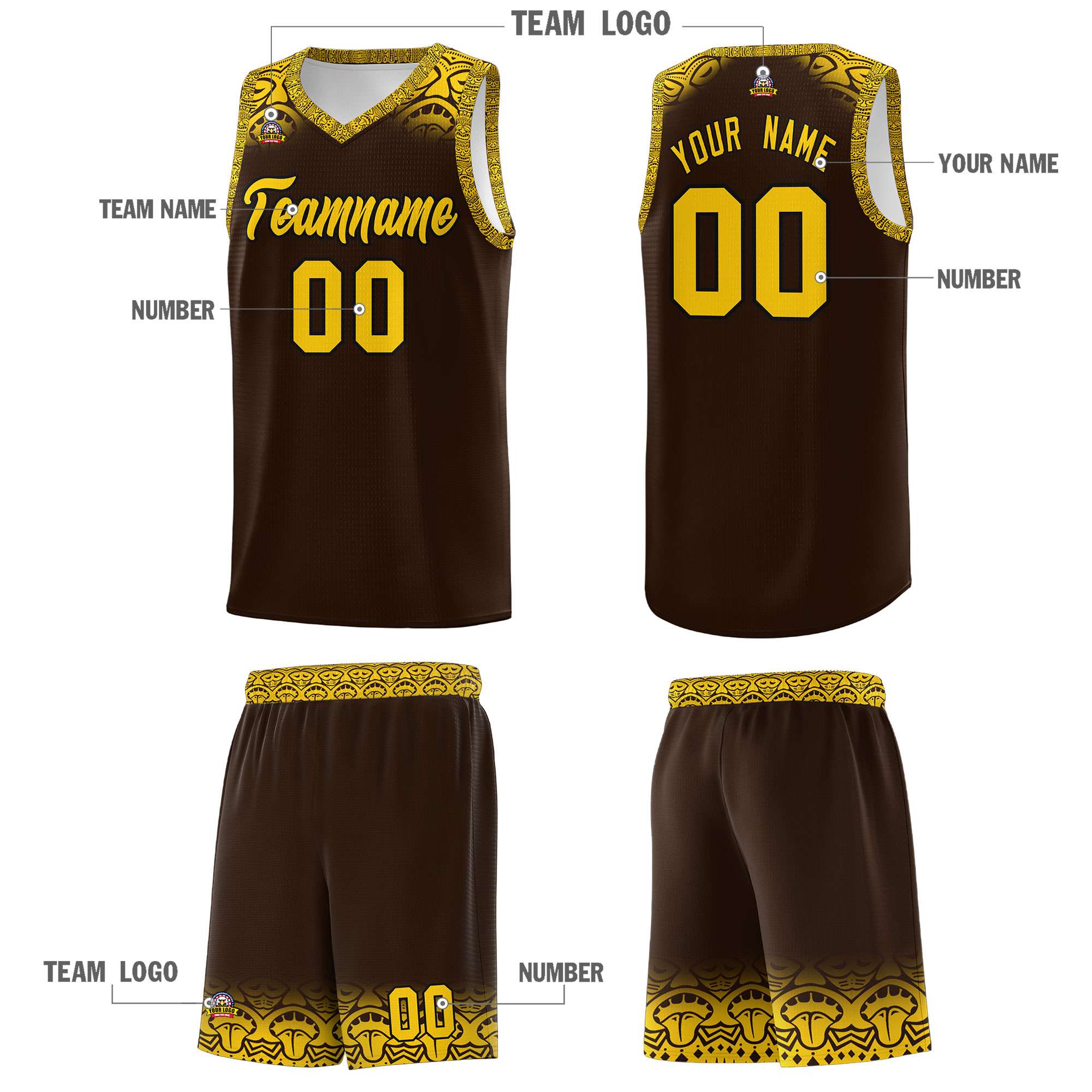 Custom Brown Gold Personalized Indians Print Sets Sports Uniform Basketball Jersey