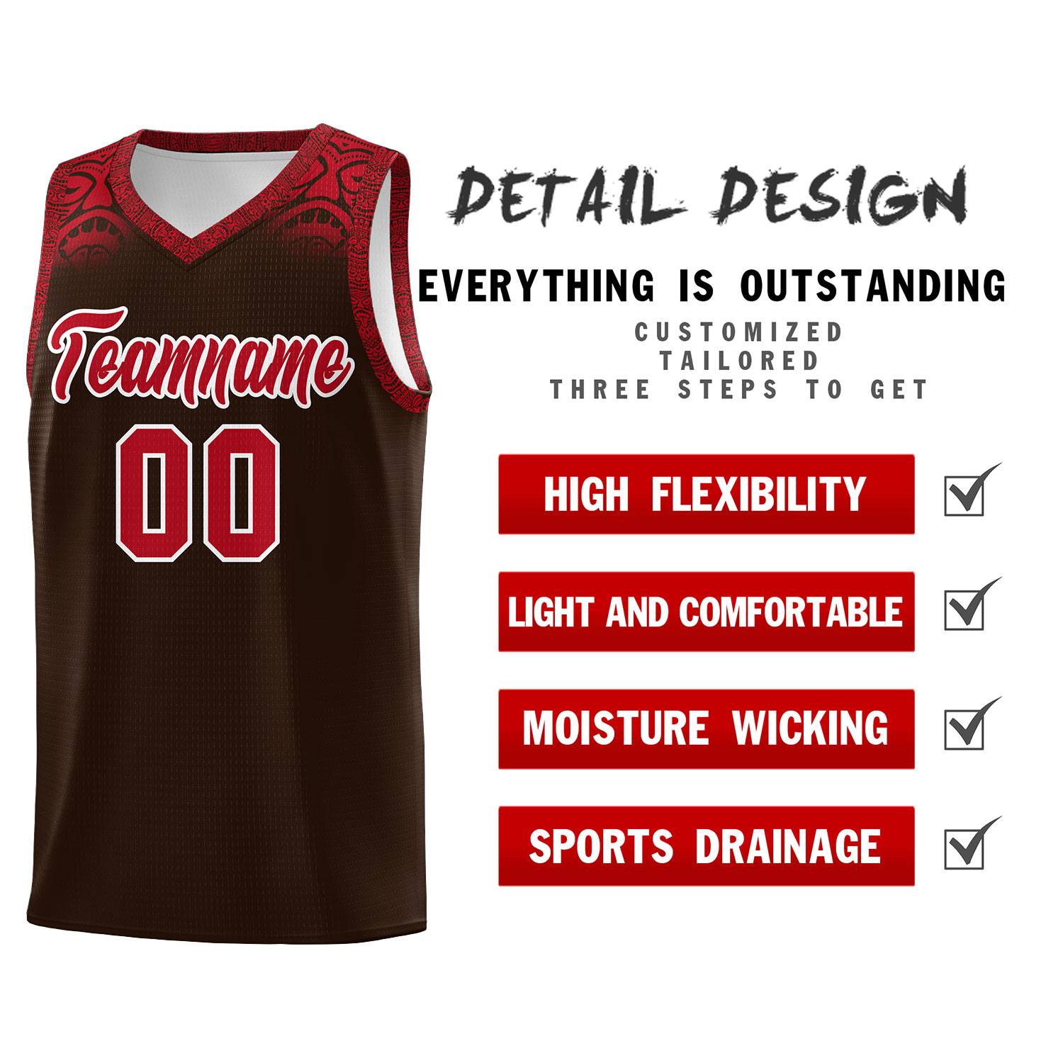 Custom Brown Red Personalized Indians Print Sets Sports Uniform Basketball Jersey