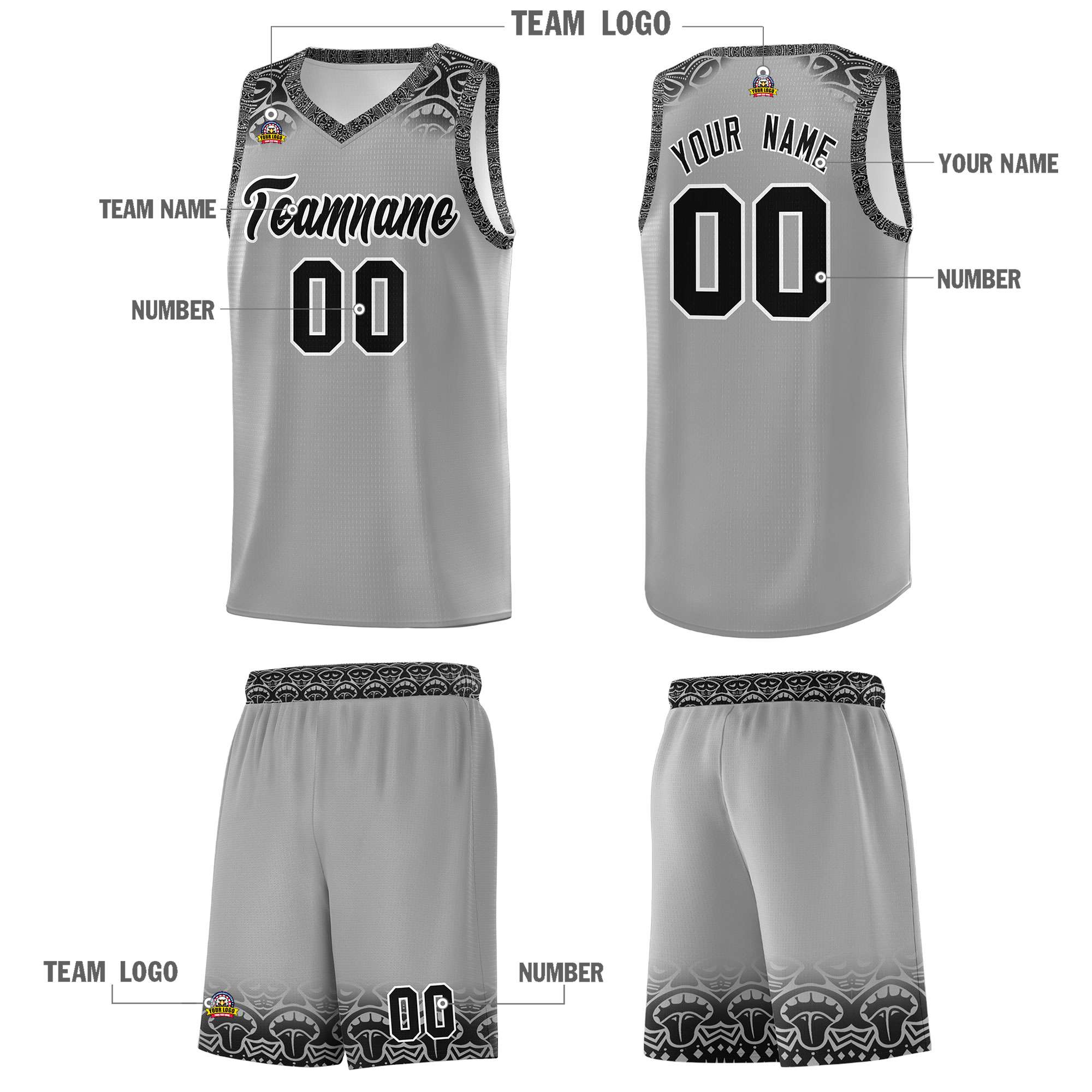 Custom Gray Black Personalized Indians Print Sets Sports Uniform Basketball Jersey