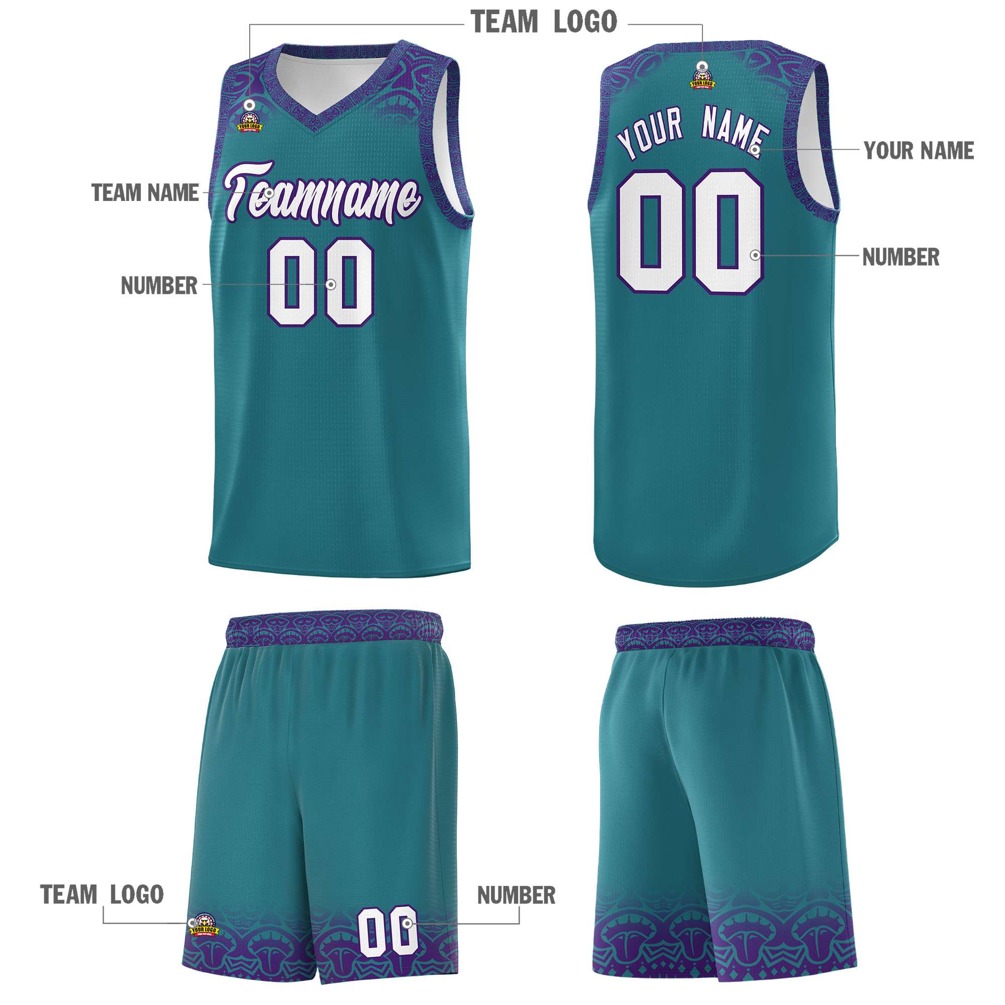 Custom Aqua Purple Personalized Indians Print Sets Sports Uniform Basketball Jersey