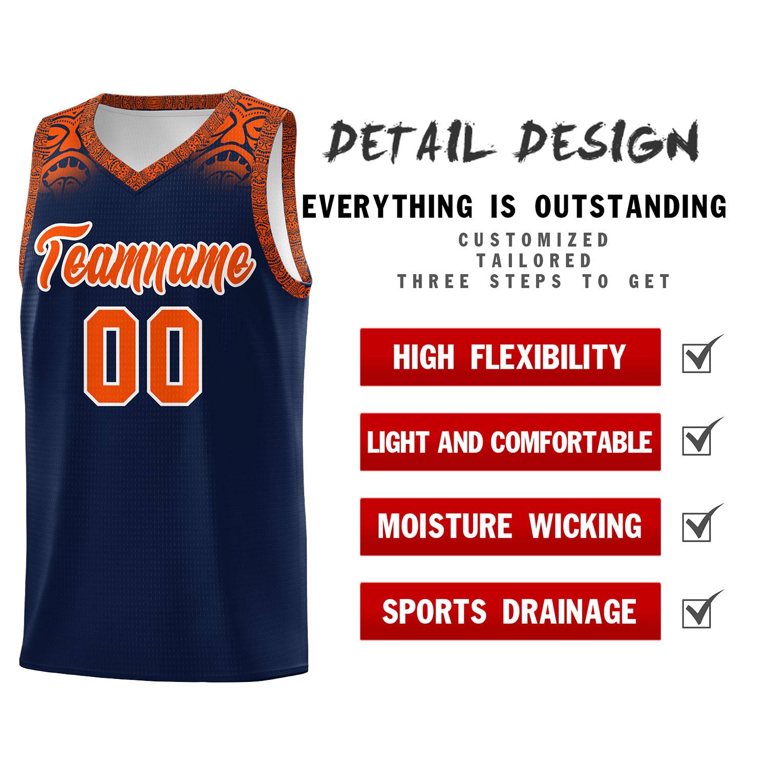 Custom Navy Orange Personalized Indians Print Sets Sports Uniform Basketball Jersey