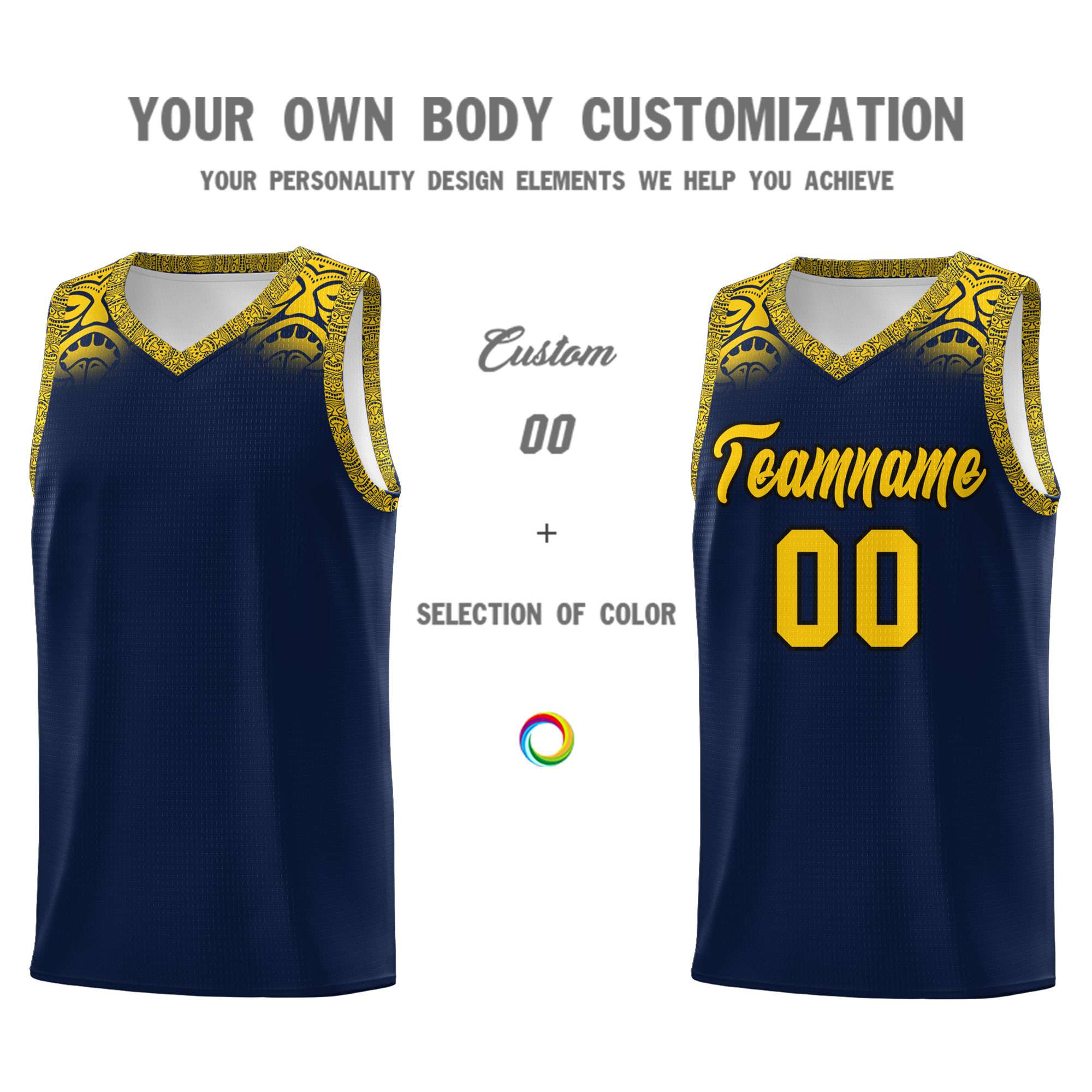 Custom Navy Gold Personalized Indians Print Sets Sports Uniform Basketball Jersey