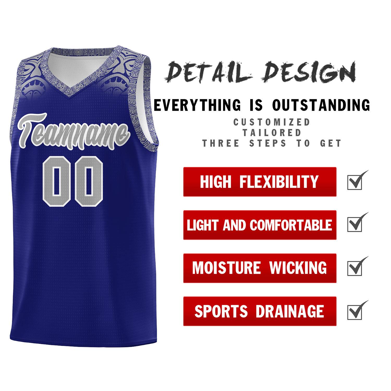 Custom Royal Gray Personalized Indians Print Sets Sports Uniform Basketball Jersey