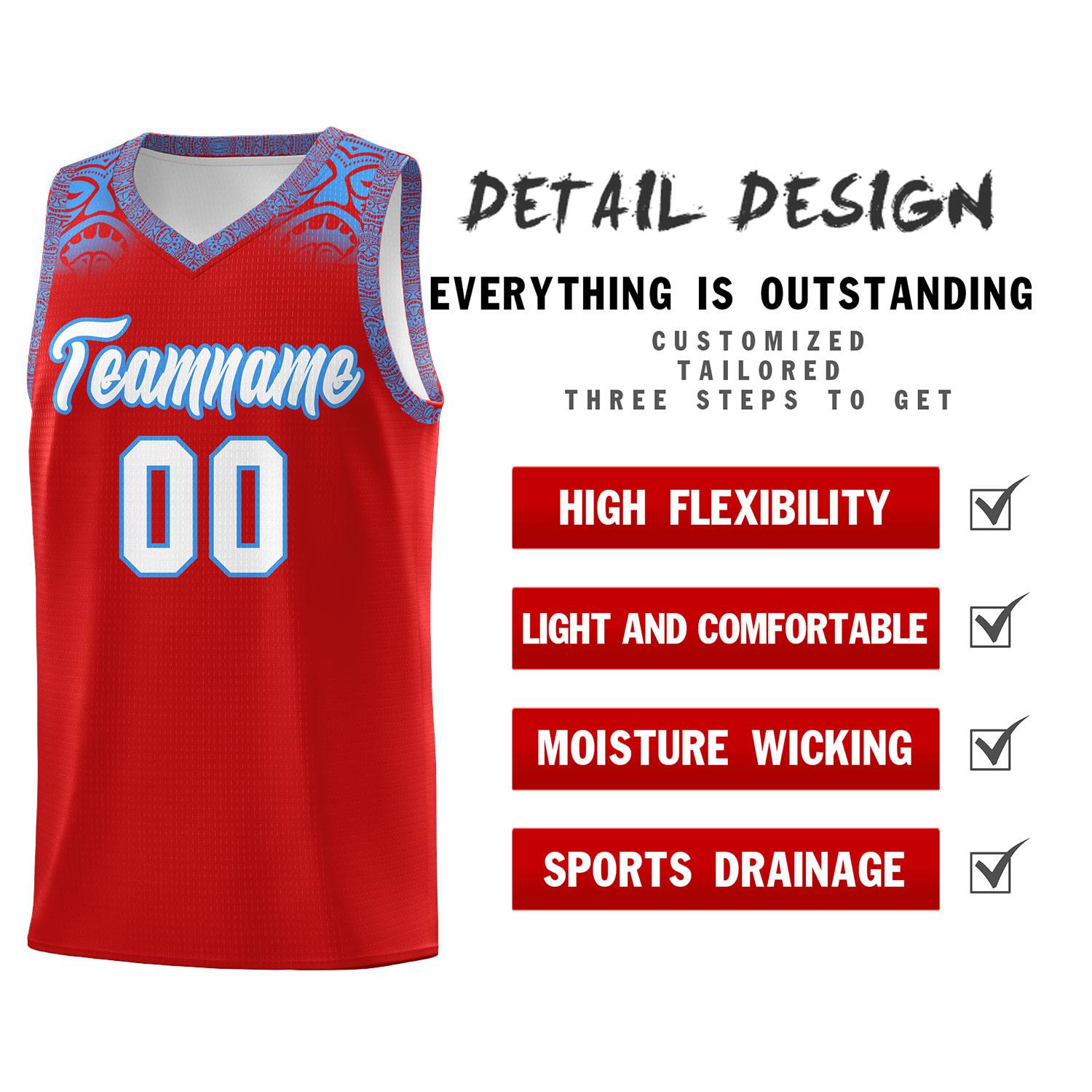 Custom Red Powder Blue Personalized Indians Print Sets Sports Uniform Basketball Jersey