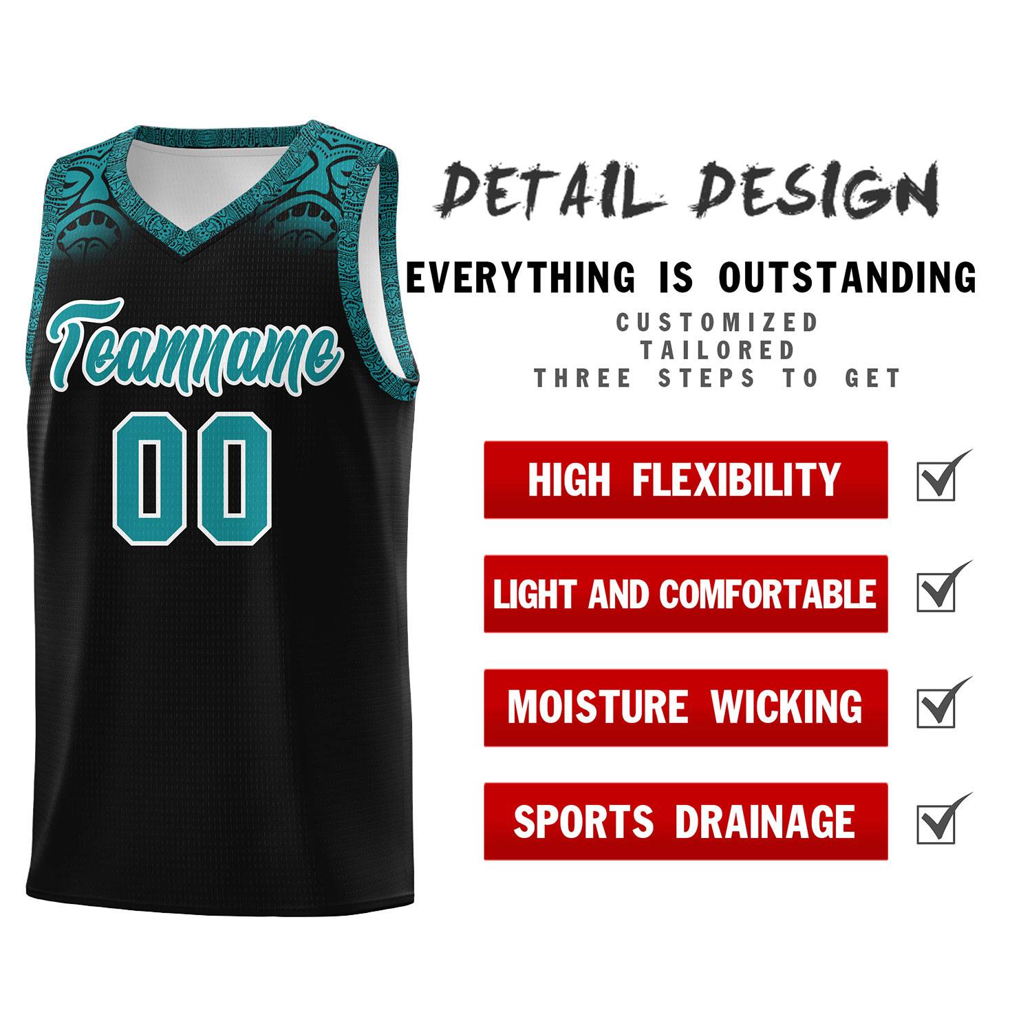 Custom Black Aqua Personalized Indians Print Sets Sports Uniform Basketball Jersey