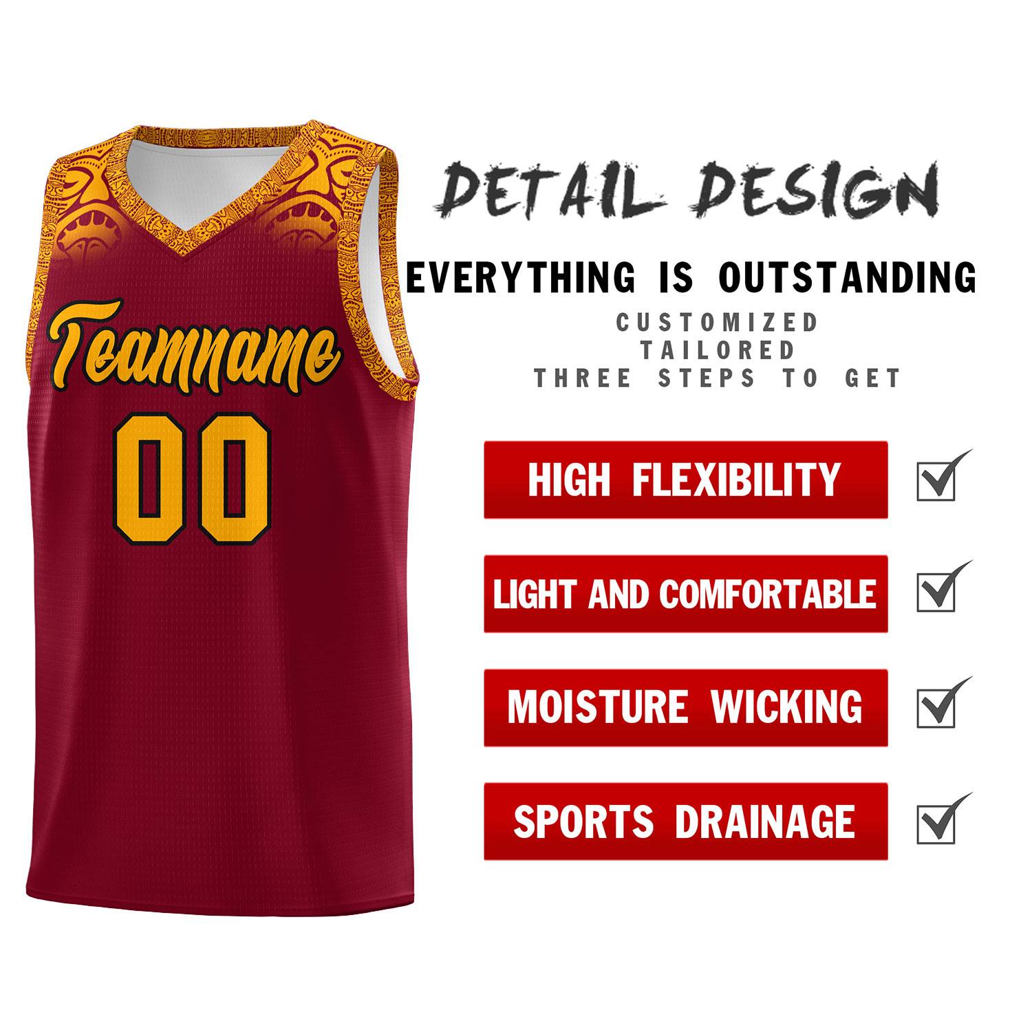 Custom Crimson Yellow Personalized Indians Print Sets Sports Uniform Basketball Jersey