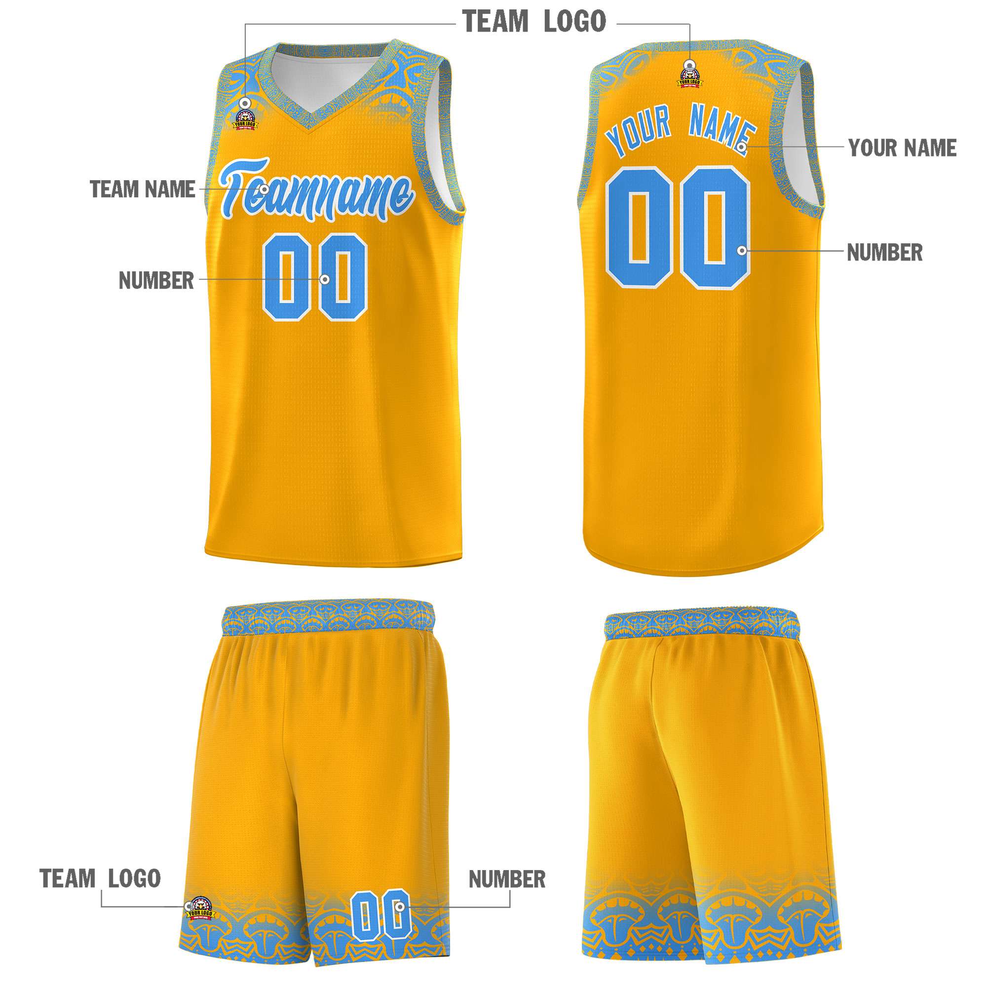 Custom Yellow Powder Blue Personalized Indians Print Sets Sports Uniform Basketball Jersey