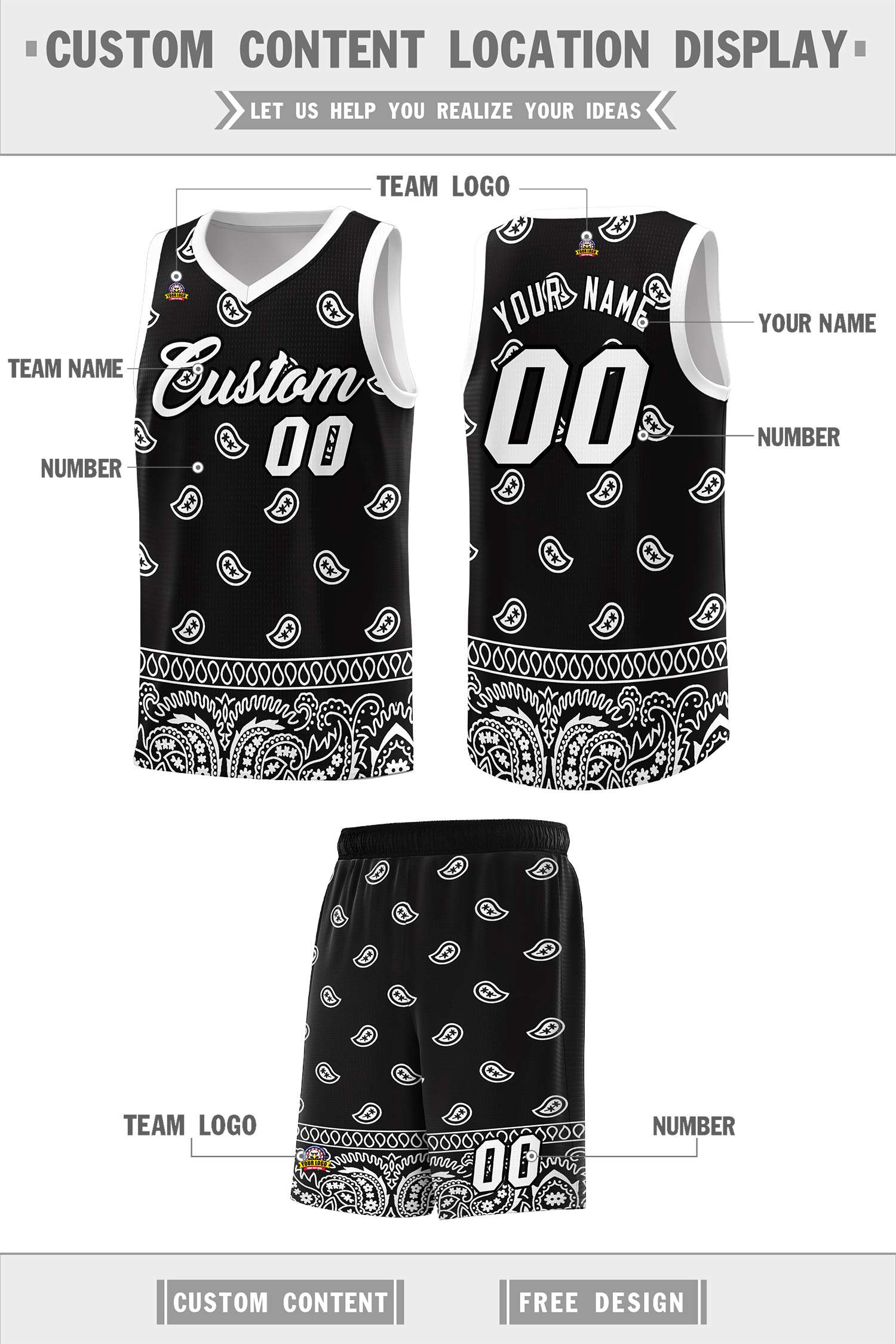 Custom Black White Personalized Cashew Pattern Sports Uniform Basketball Jersey