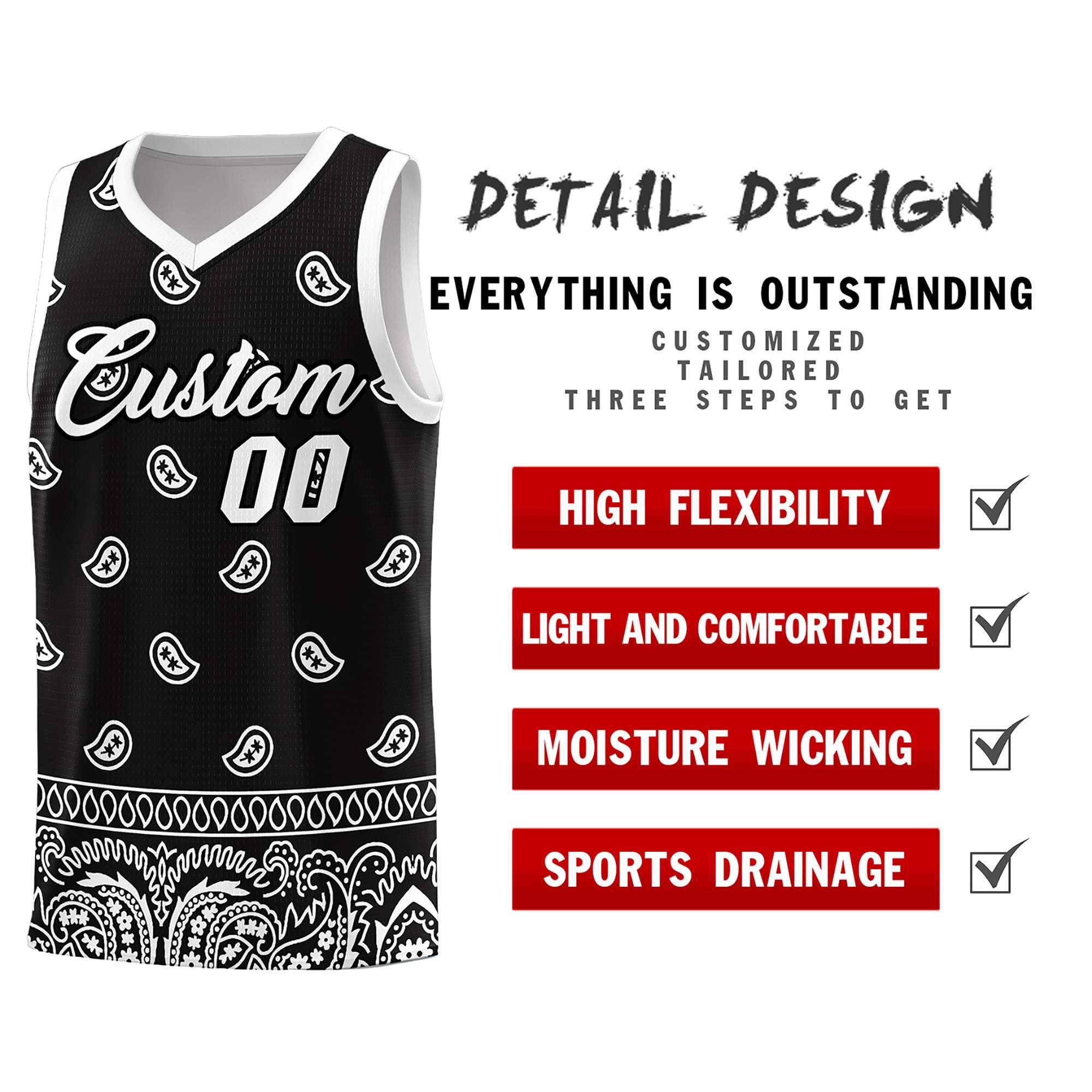 Custom Black White Personalized Cashew Pattern Sports Uniform Basketball Jersey